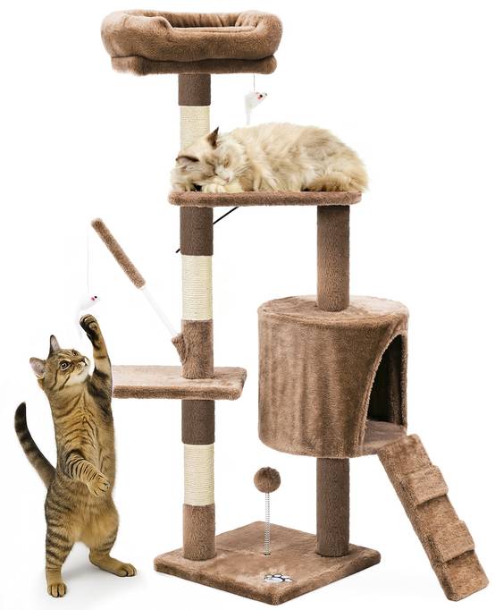 Vounot - Arbre à chat 112cm multi niveaux marron - avec griffoir, niche, jouet et plateforme - arbre à grimper - VOUNOT® - Image 1