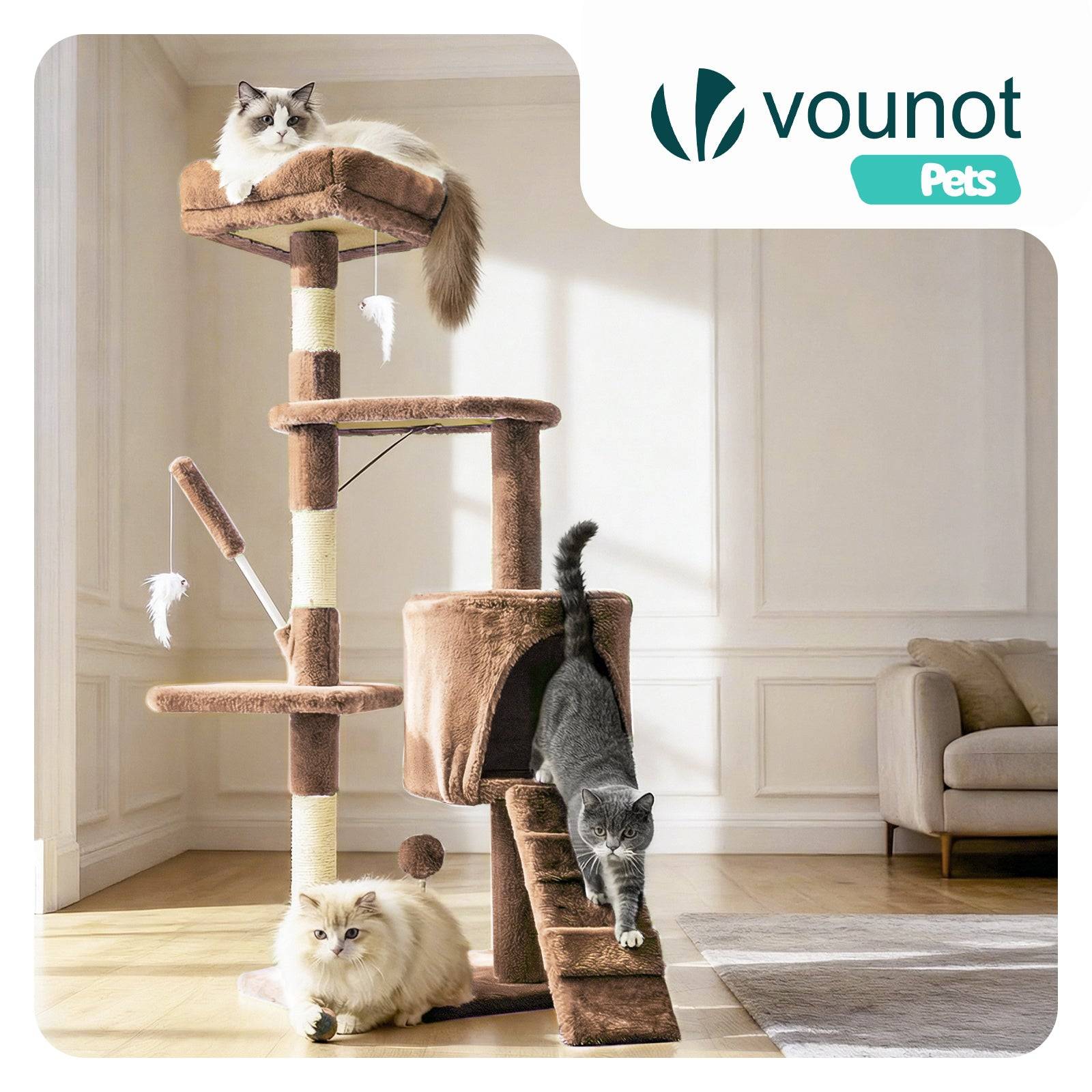 Vounot - Arbre à chat 112cm multi niveaux marron - avec griffoir, niche, jouet et plateforme - arbre à grimper - VOUNOT® - Image 2