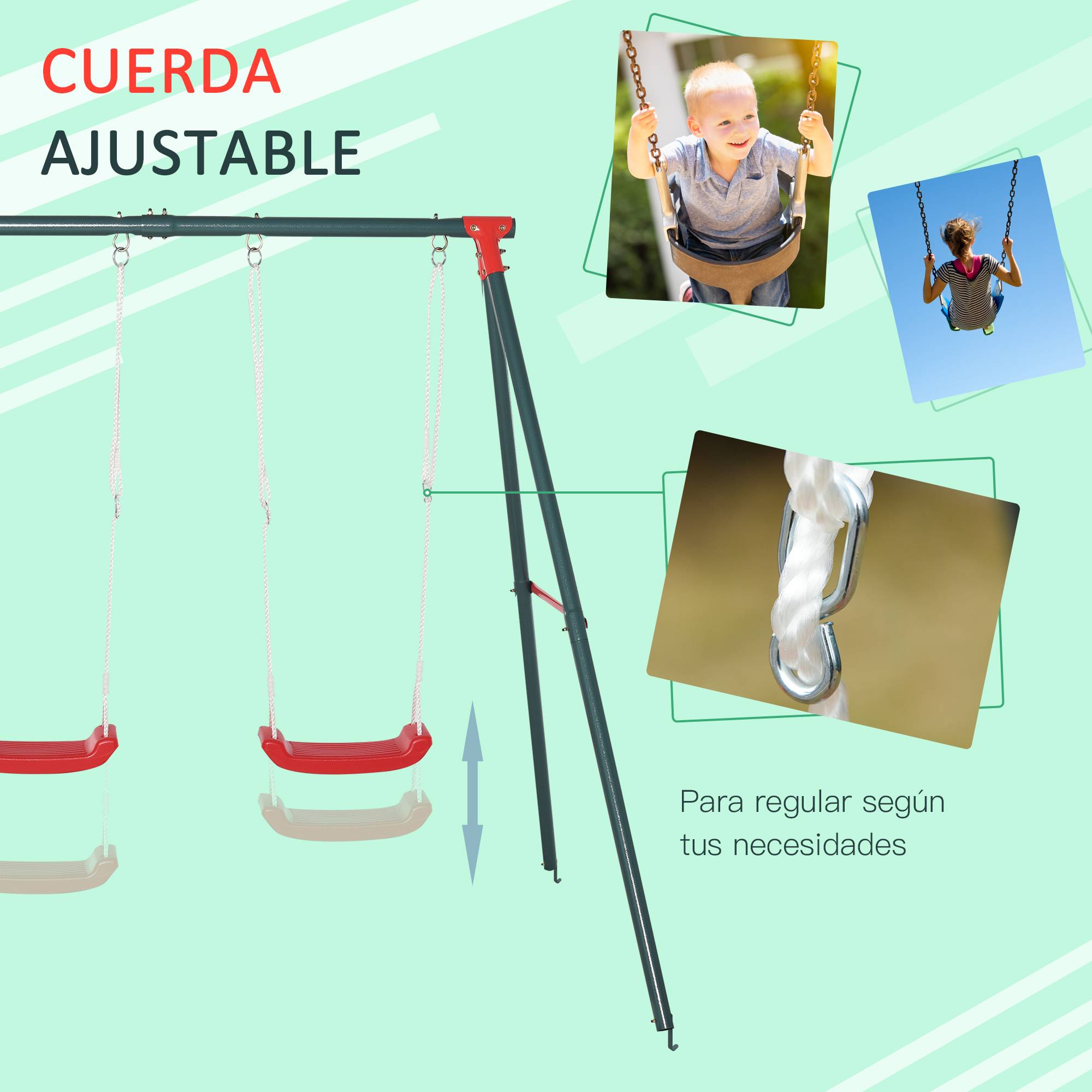 Balançoire double enfant +3 ans support métallique, corde ajustable extérieur, charge max 40 kg, 239×156×180 cm, vert rouge - Image 6