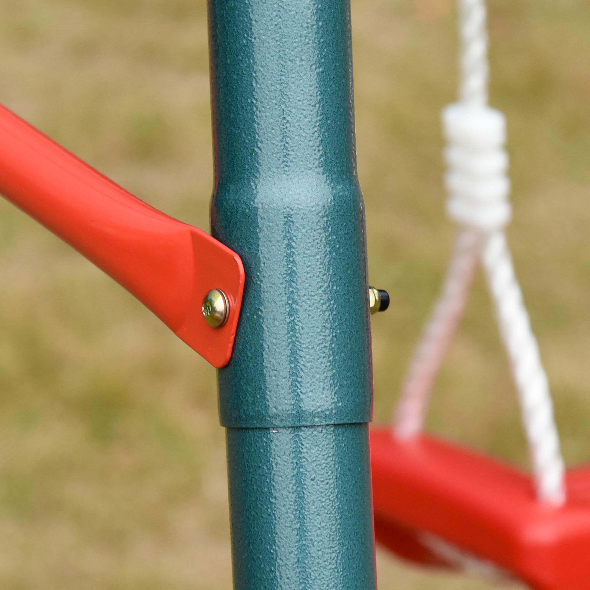 Balançoire double enfant +3 ans support métallique, corde ajustable extérieur, charge max 40 kg, 239×156×180 cm, vert rouge - Image 8