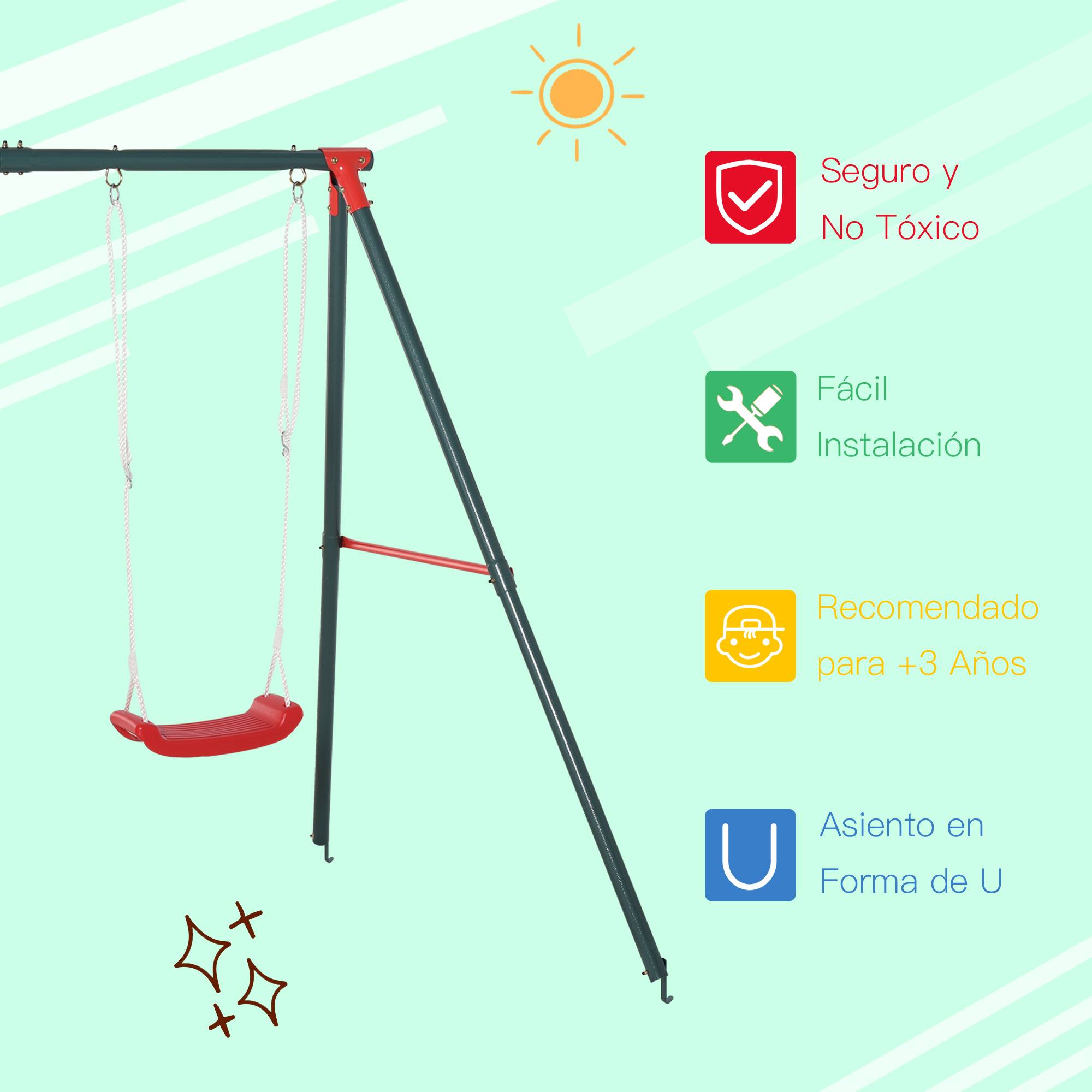 Balançoire double enfant +3 ans support métallique, corde ajustable extérieur, charge max 40 kg, 239×156×180 cm, vert rouge - Image 5