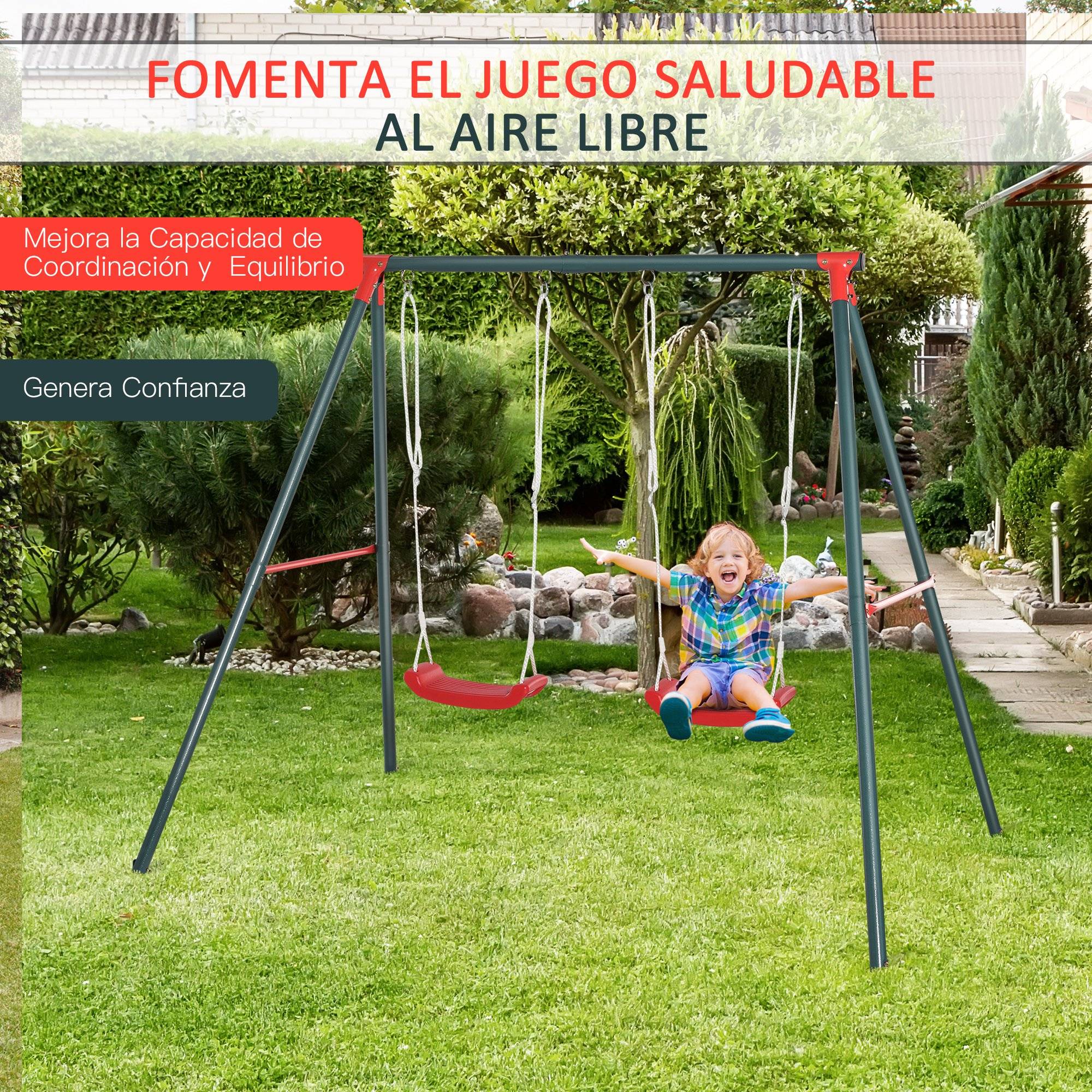 Balançoire double enfant +3 ans support métallique, corde ajustable extérieur, charge max 40 kg, 239×156×180 cm, vert rouge - Image 4