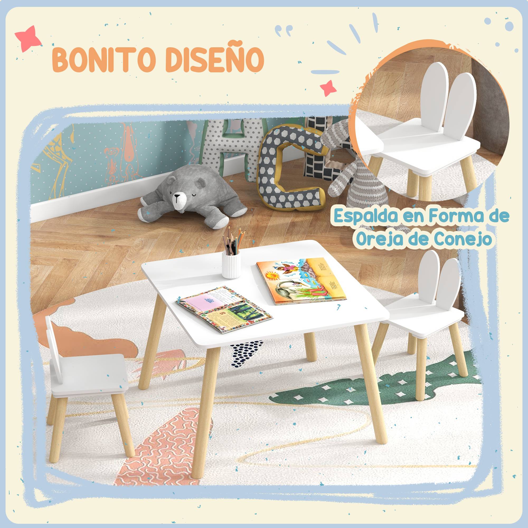 Table enfant avec chaises dossier oreilles lapin, pour crèche salle de jeu, blanc - Image 6