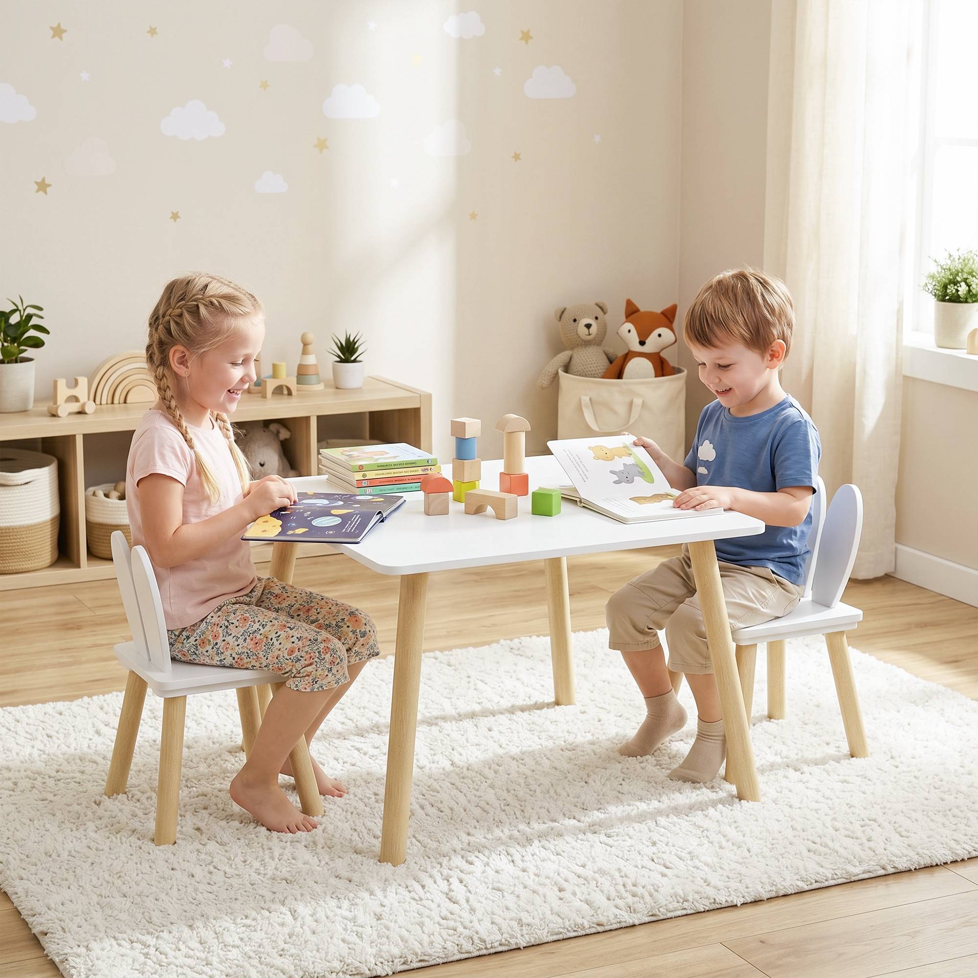 Table enfant avec chaises dossier oreilles lapin, pour crèche salle de jeu, blanc - Image 3