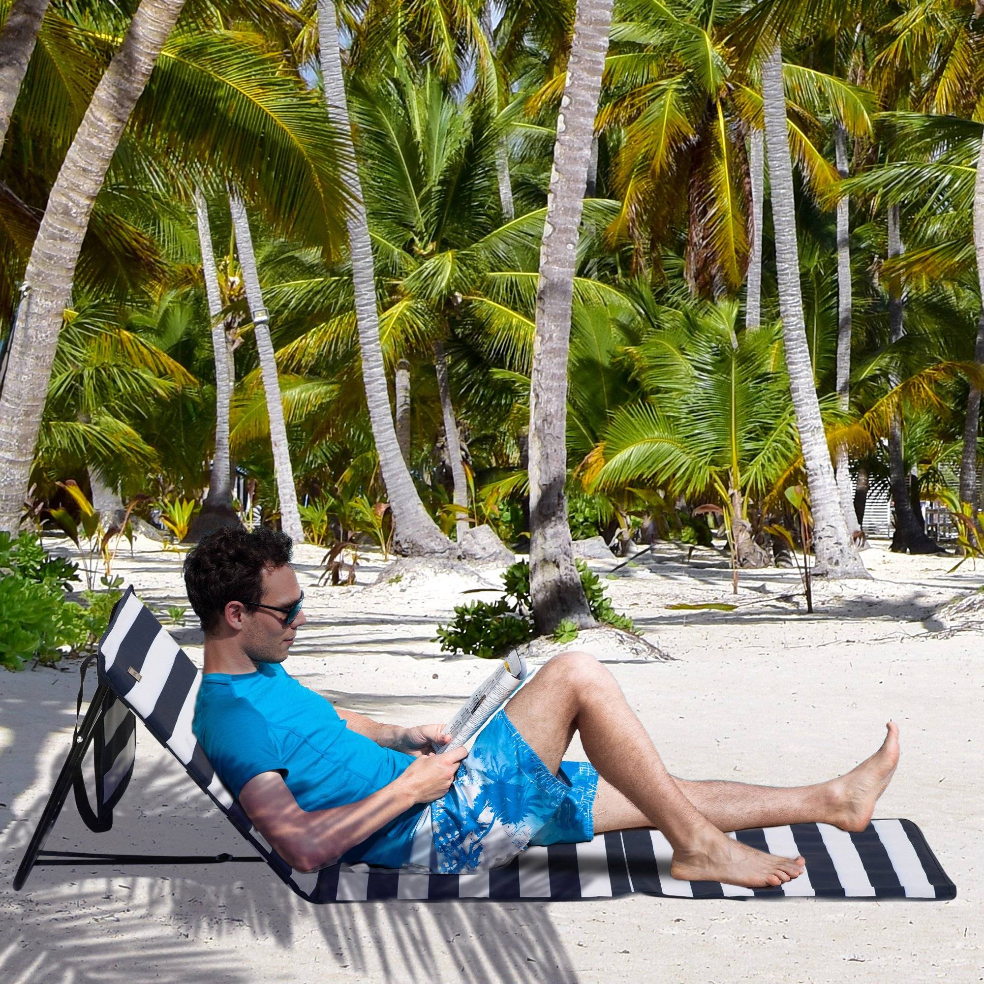 Transat de plage pliable avec dossier réglable, sangle de transport, rembourrage moelleux, structure en acier, bleu et blanc, 142 x 51 x 40 cm - Image 4