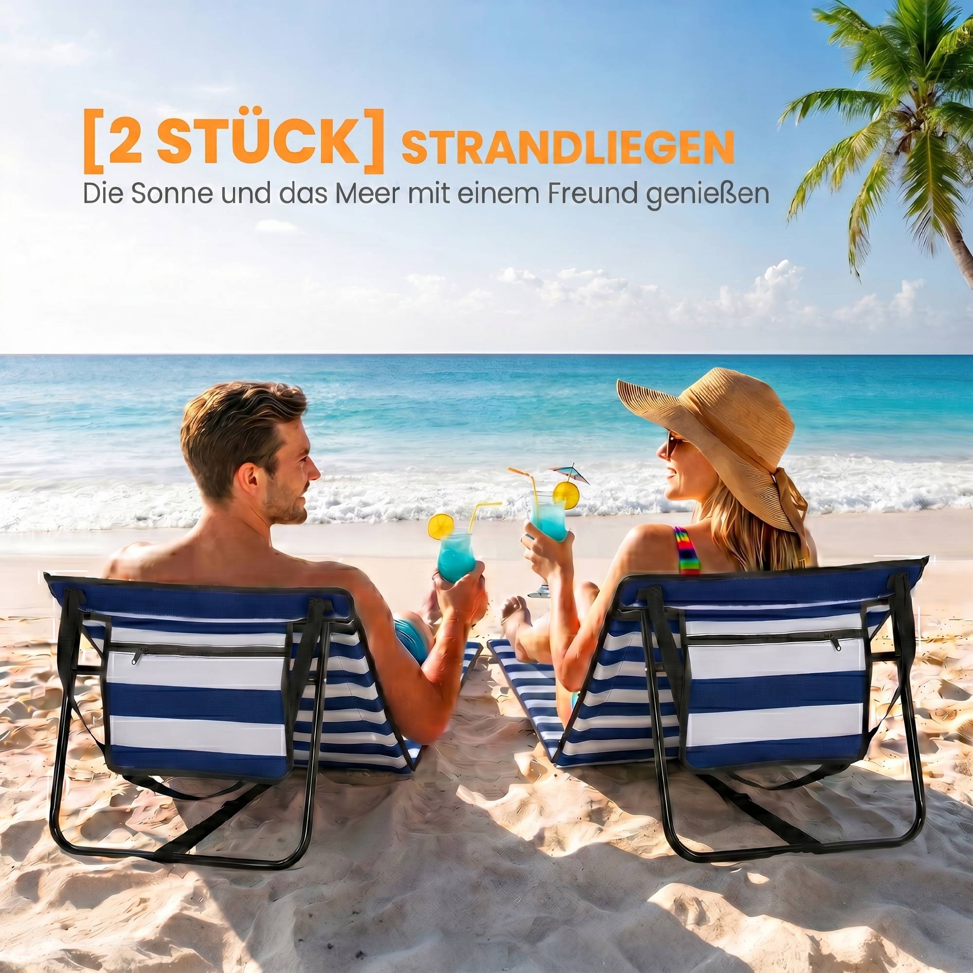 Transat de plage pliable avec dossier réglable, sangle de transport, rembourrage moelleux, structure en acier, bleu et blanc, 142 x 51 x 40 cm - Image 6