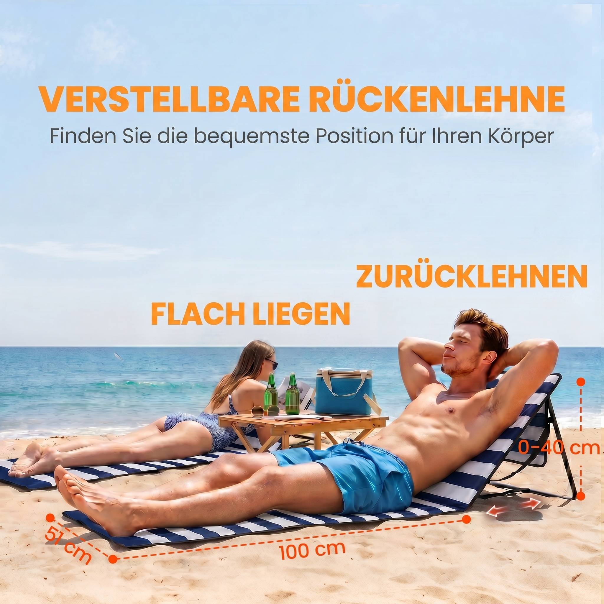 Transat de plage pliable avec dossier réglable, sangle de transport, rembourrage moelleux, structure en acier, bleu et blanc, 142 x 51 x 40 cm - Image 7