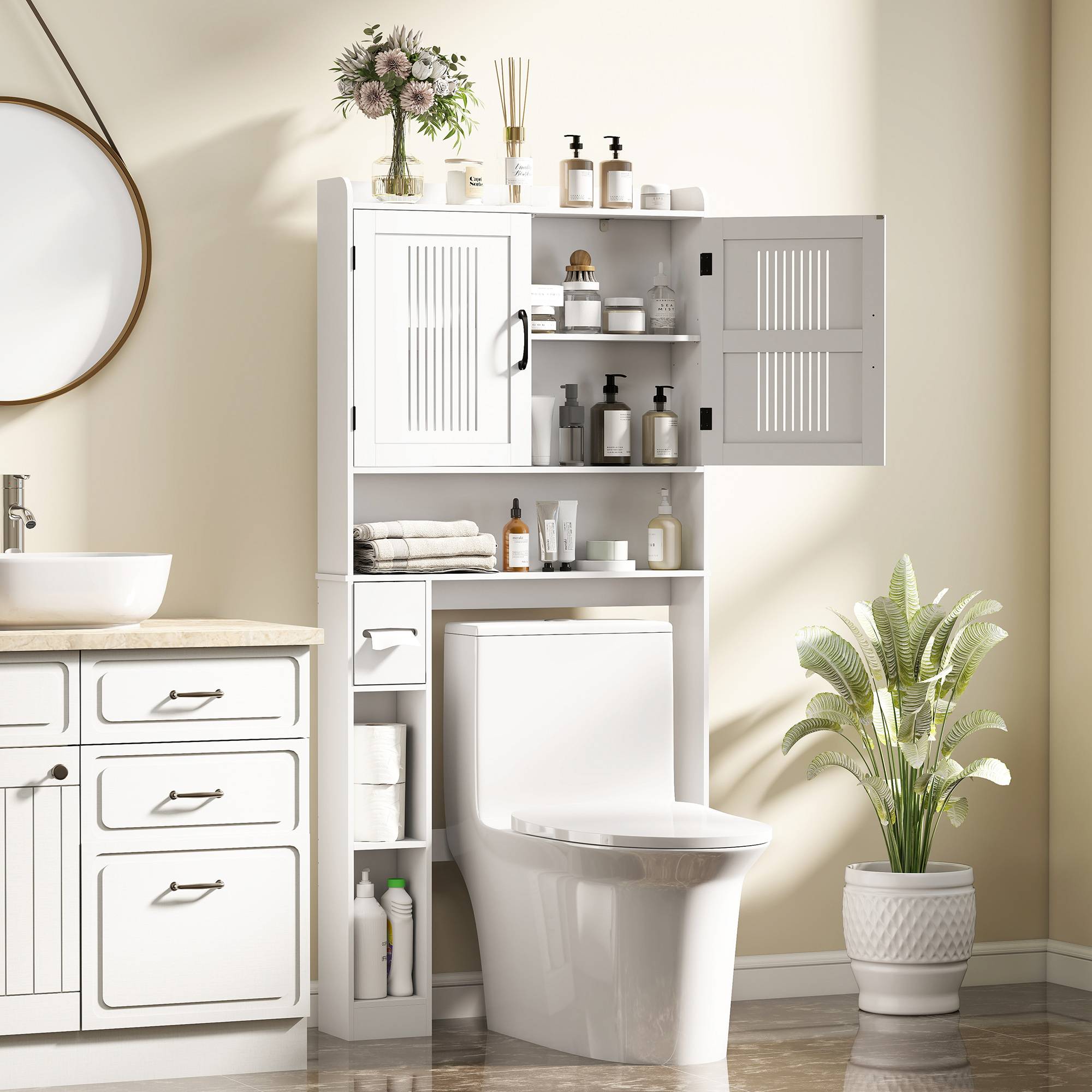 Sans Marque - Meuble WC dessus toilette meuble salle bain placard porte double porte-papier 80x19,5x170cm blanc - Image 3