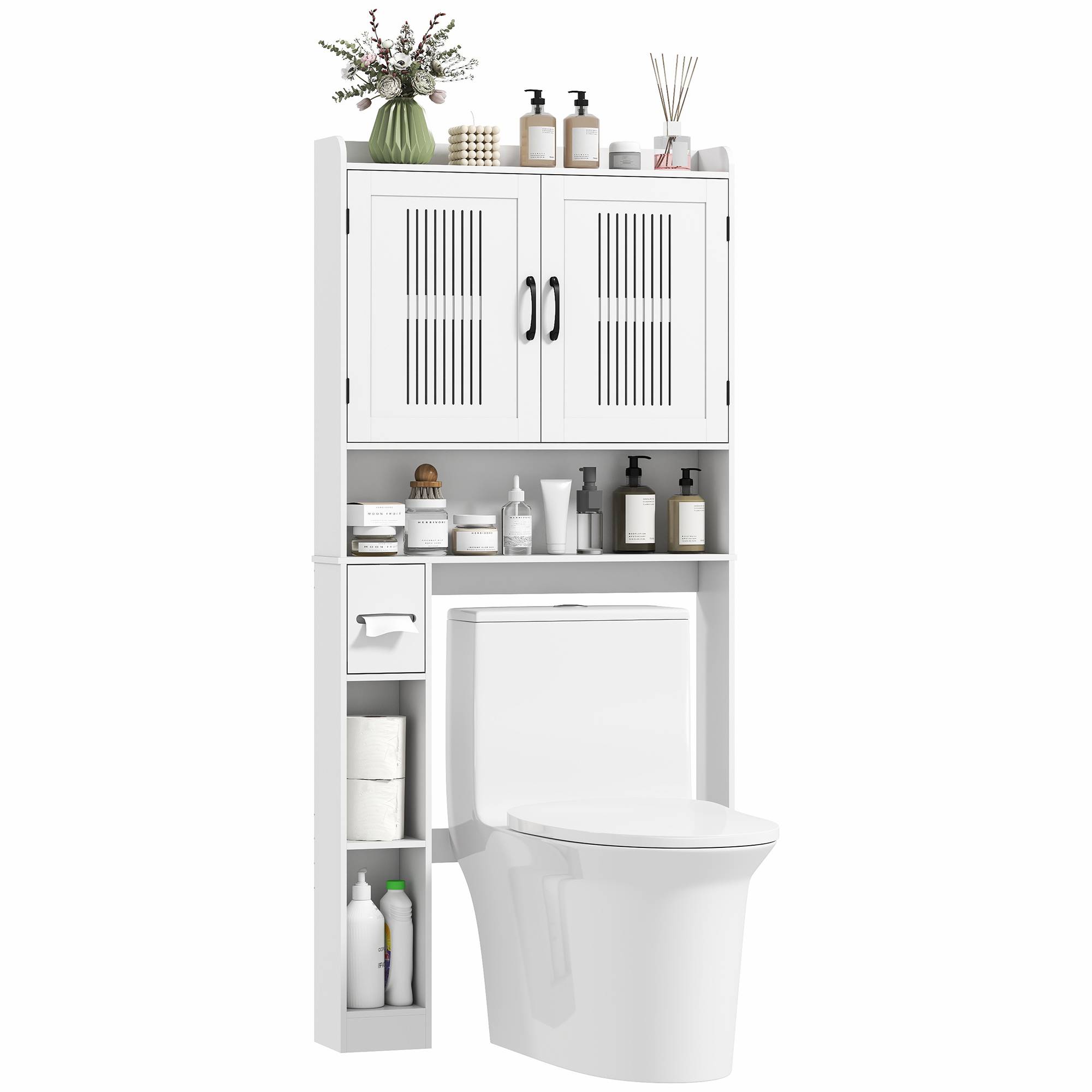 Sans Marque - Meuble WC dessus toilette meuble salle bain placard porte double porte-papier 80x19,5x170cm blanc - Image 1