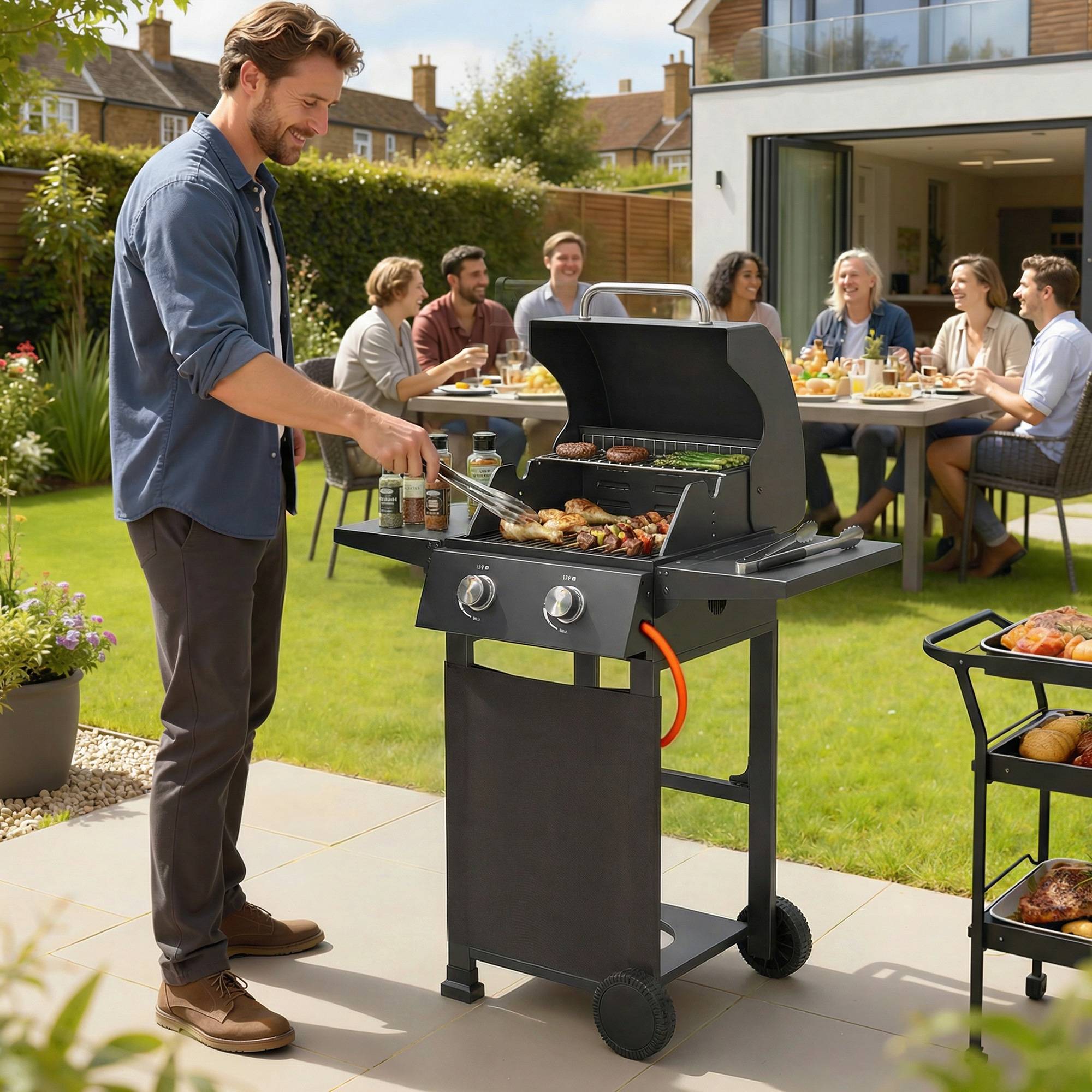 Barbecue à gaz propane à 2 brûleurs, portable, avec thermomètre, noir - Image 3