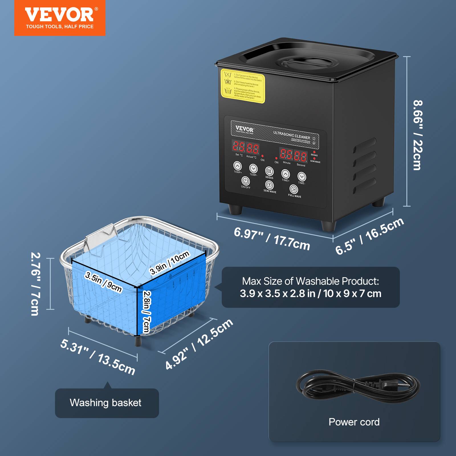 VEVOR Nettoyeur ultrasons numérique 2L, 60W, mode doux/dégazage, chauffage/minuterie, pour prothèses, bijoux, outils. - Image 7