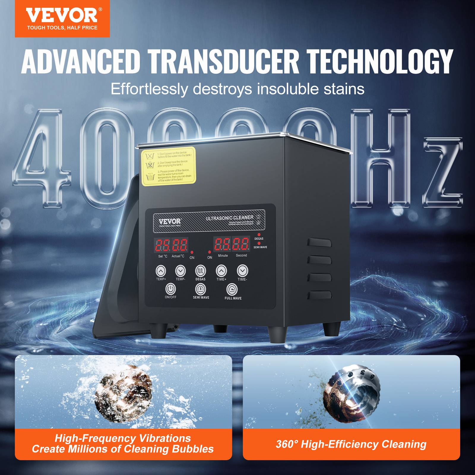 VEVOR Nettoyeur ultrasons numérique 2L, 60W, mode doux/dégazage, chauffage/minuterie, pour prothèses, bijoux, outils. - Image 2