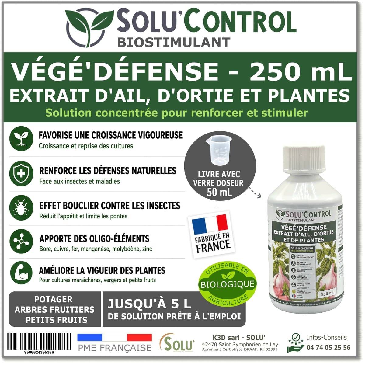 Tout pour les nuisibles - Biostimulant Concentré à l'Extrait d'Ail, d'Ortie et de Plantes Solu'Control Vége'Défense – 250 ml – Renforce les Défenses Naturelles des Plantes - Image 1