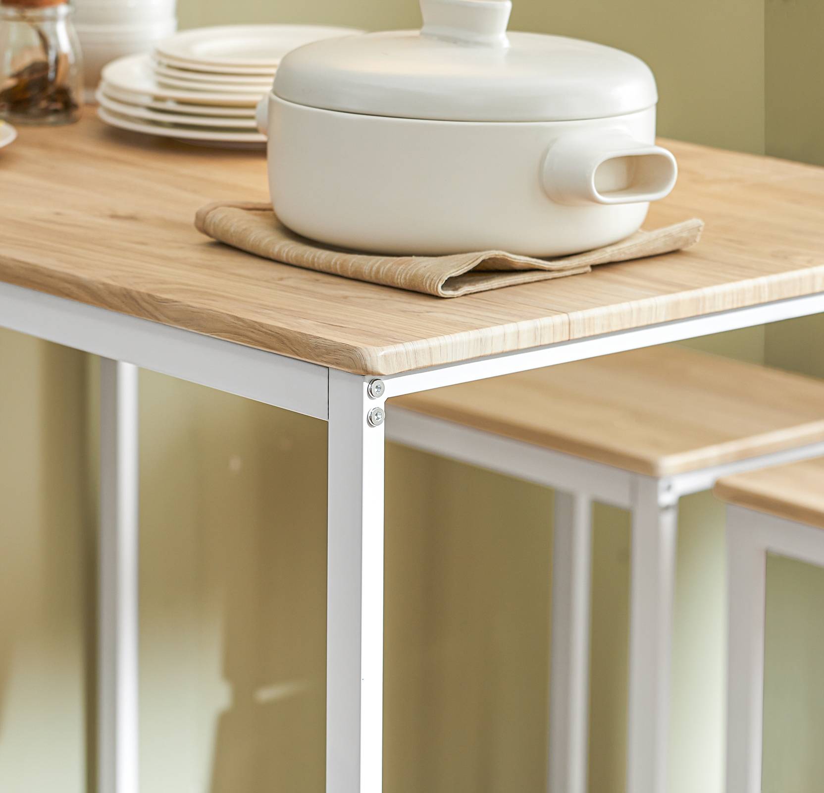 SoBuy Table Mange-Debout Compacte avec 4 Tabourets pour Cuisine et Petits Espaces, Design Gain de Place 100x60x96cm Modèle OGT15-WN - Image 5