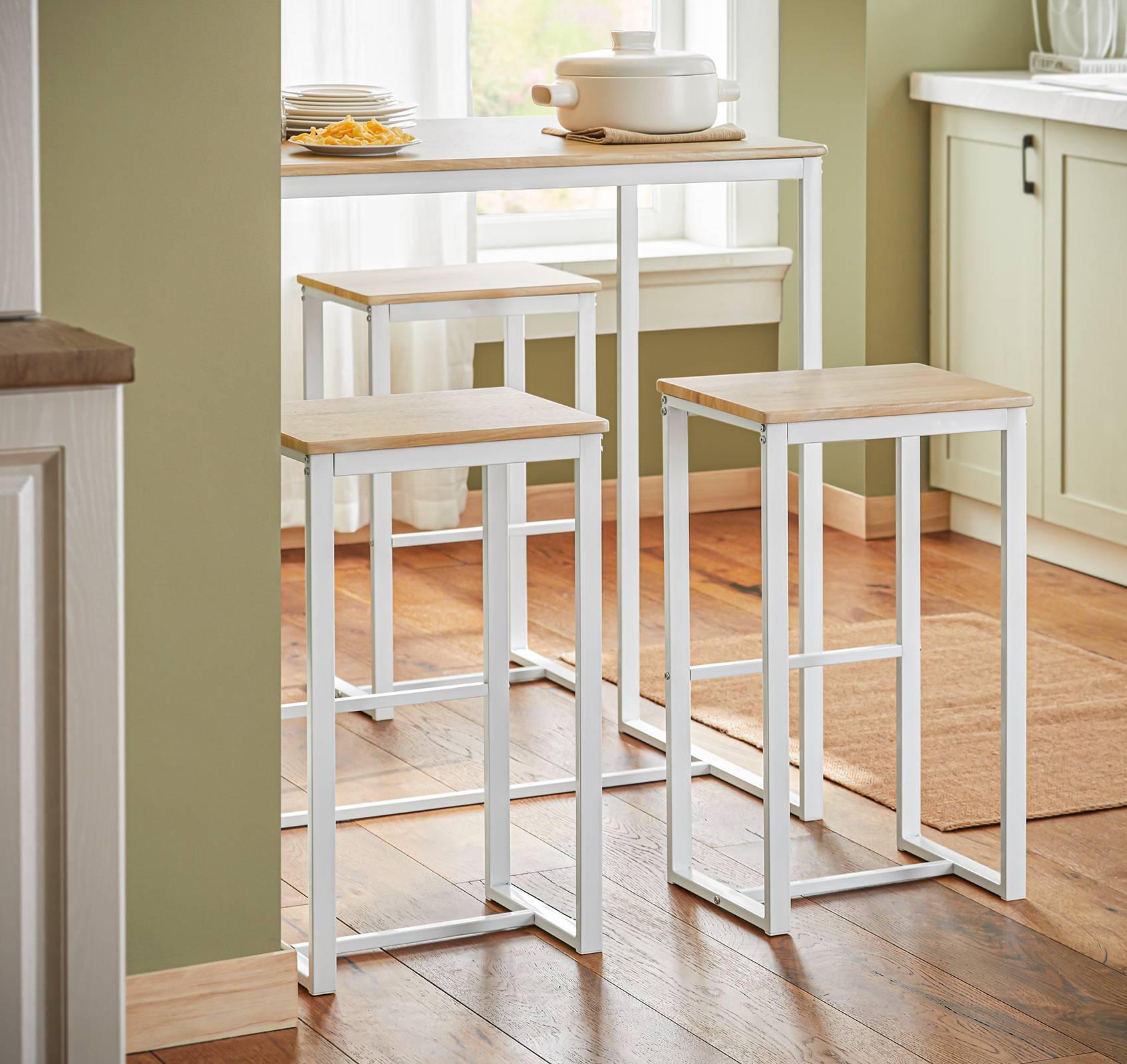 SoBuy Table Mange-Debout Compacte avec 4 Tabourets pour Cuisine et Petits Espaces, Design Gain de Place 100x60x96cm Modèle OGT15-WN - Image 6