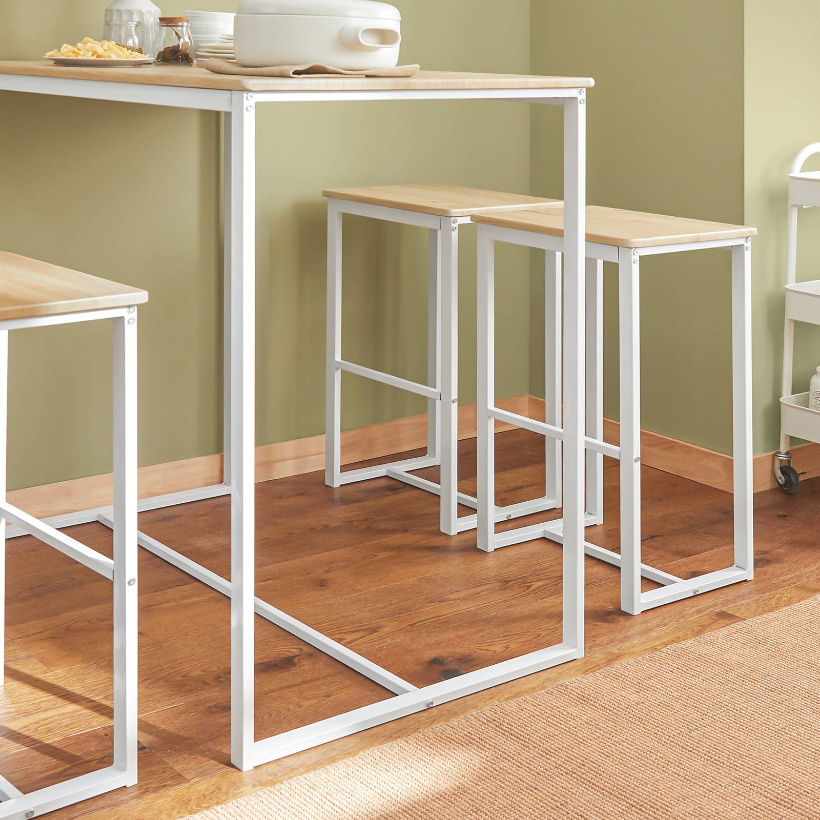 SoBuy Table Mange-Debout Compacte avec 4 Tabourets pour Cuisine et Petits Espaces, Design Gain de Place 100x60x96cm Modèle OGT15-WN - Image 10