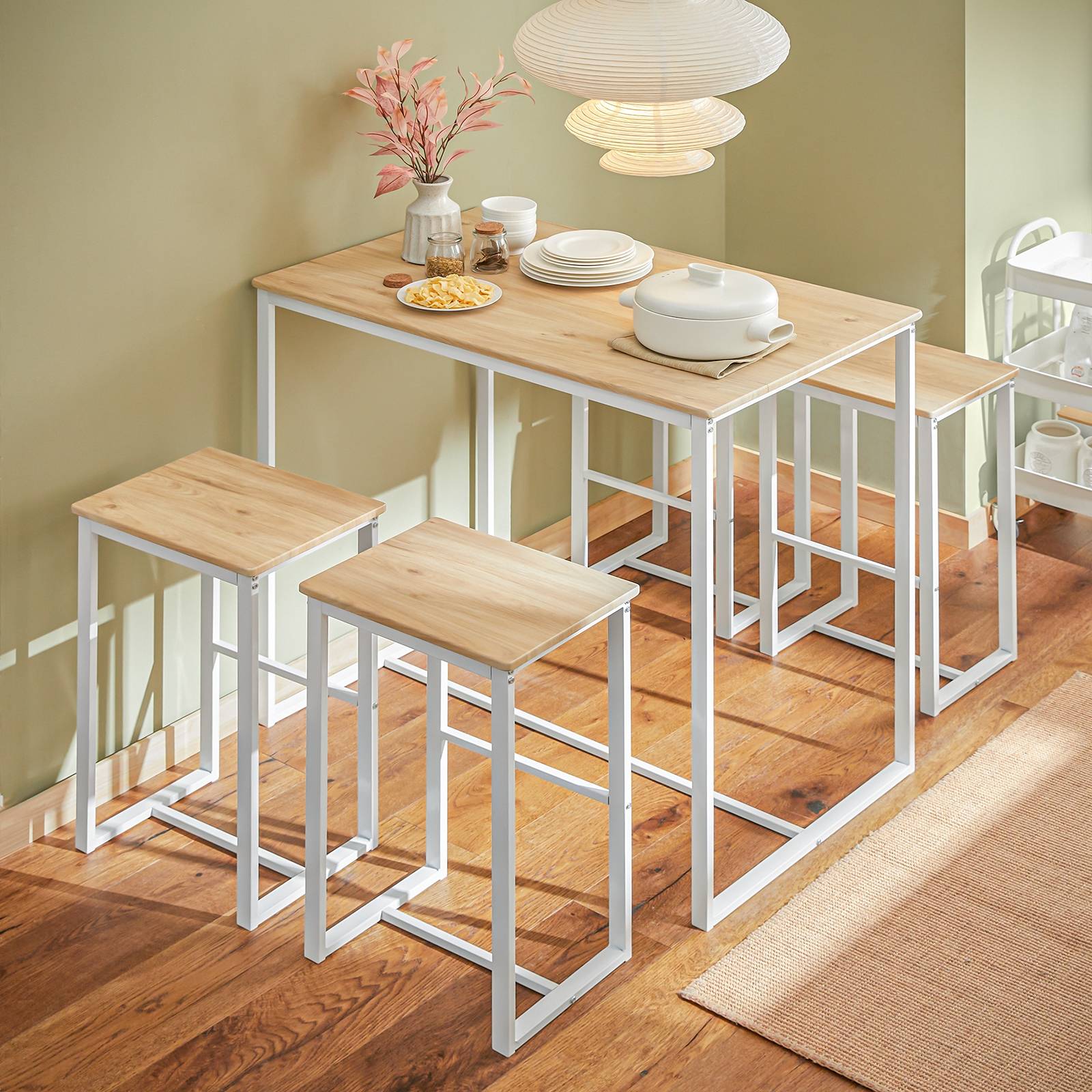 SoBuy Table Mange-Debout Compacte avec 4 Tabourets pour Cuisine et Petits Espaces, Design Gain de Place 100x60x96cm Modèle OGT15-WN - Image 2