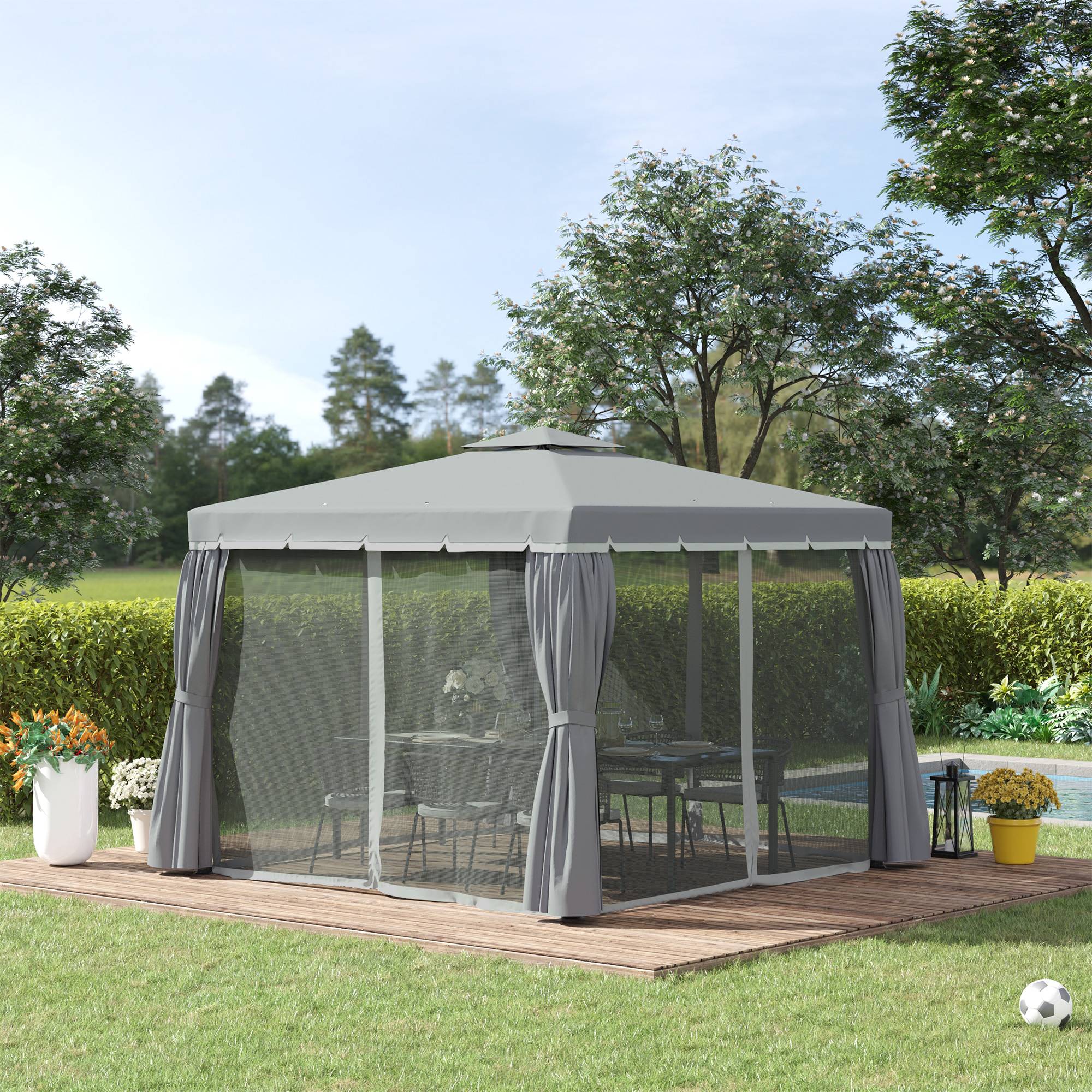 Outsunny - Tonnelle de jardin 3 x 3 m - barnum avec toit double, rideaux et moustiquaire - cadre en aluminium - gris foncé - Outsunny - Image 6