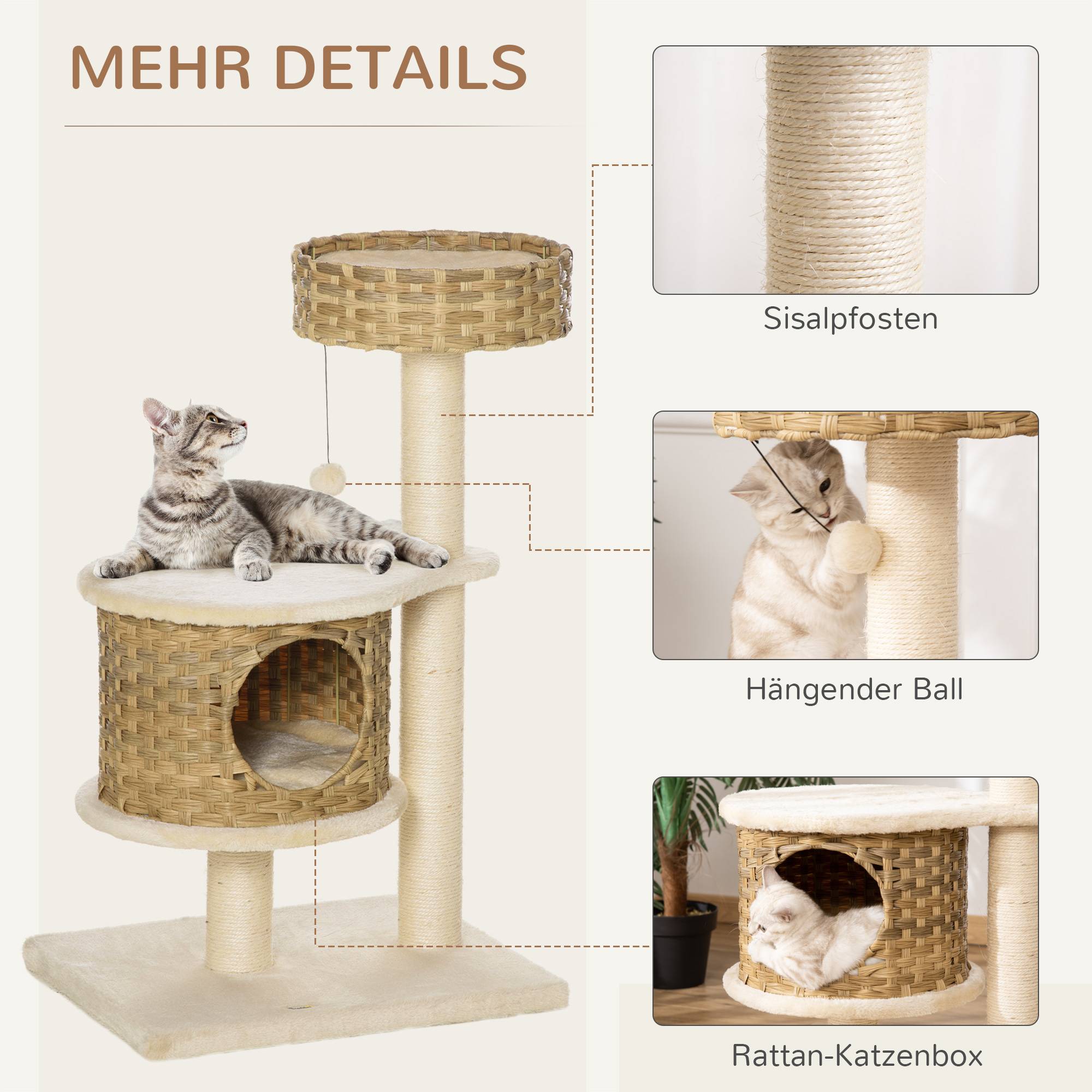 Arbre à chat rotin PE et sisal naturel et beige 55 x 47 x 95 cm - PANGIVO - Image 7