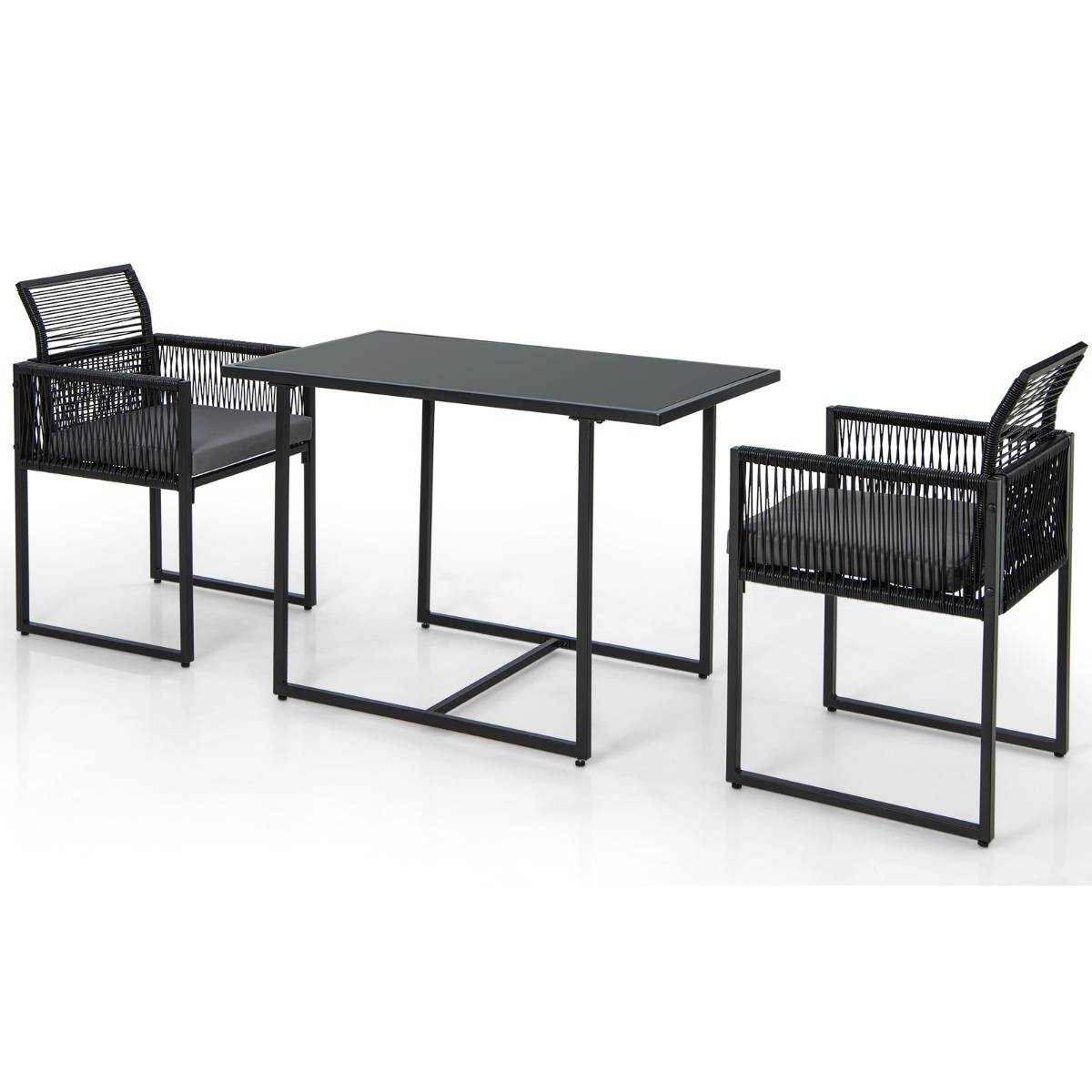Salon de Jardin 3PCS Rotin PE Anti Soleil Dossier AMOVIBLE Pateau en Verre Trempé Cadre en Métal Style Urbain  Gris - Image 1