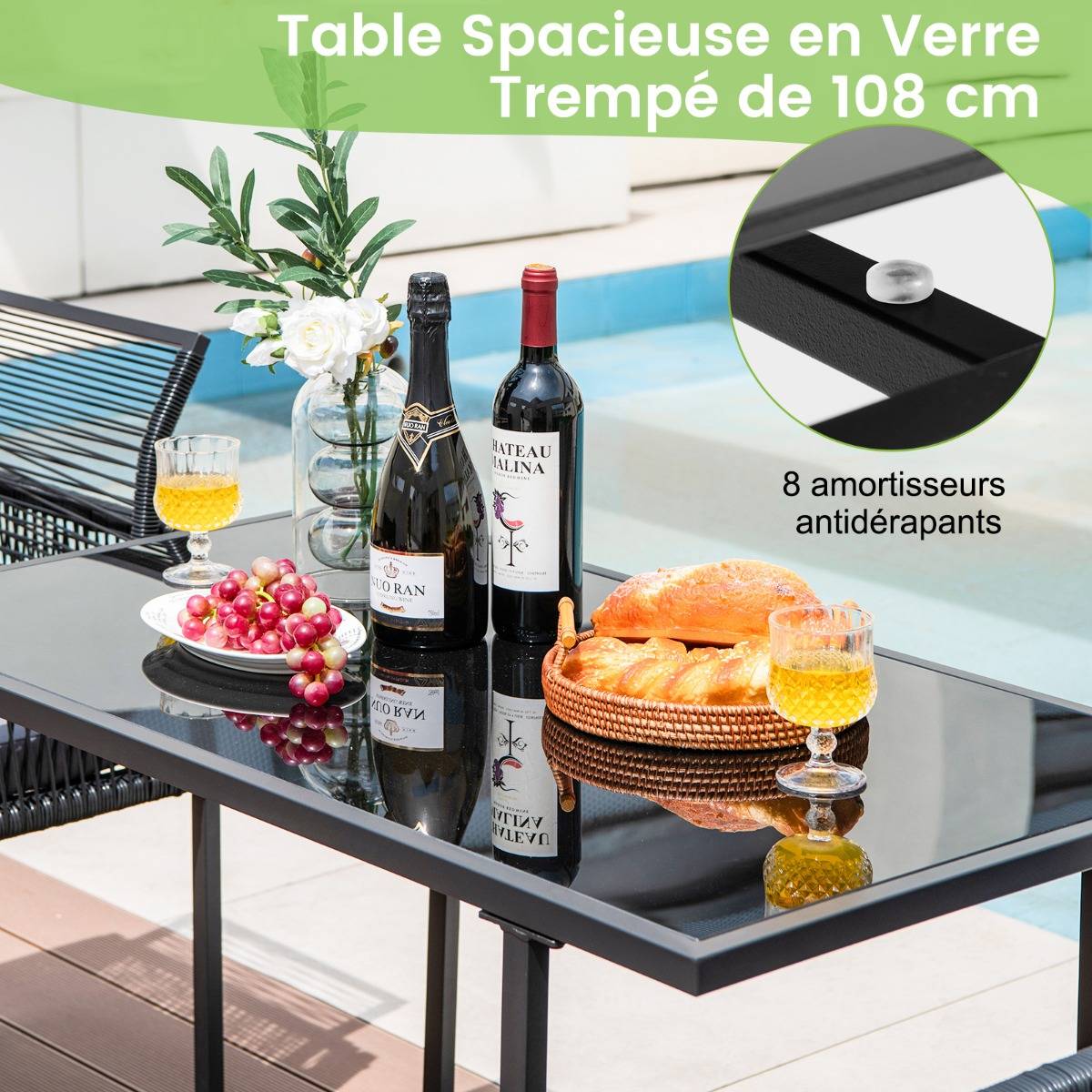 Salon de Jardin 3PCS Rotin PE Anti Soleil Dossier AMOVIBLE Pateau en Verre Trempé Cadre en Métal Style Urbain Gris - Image 6