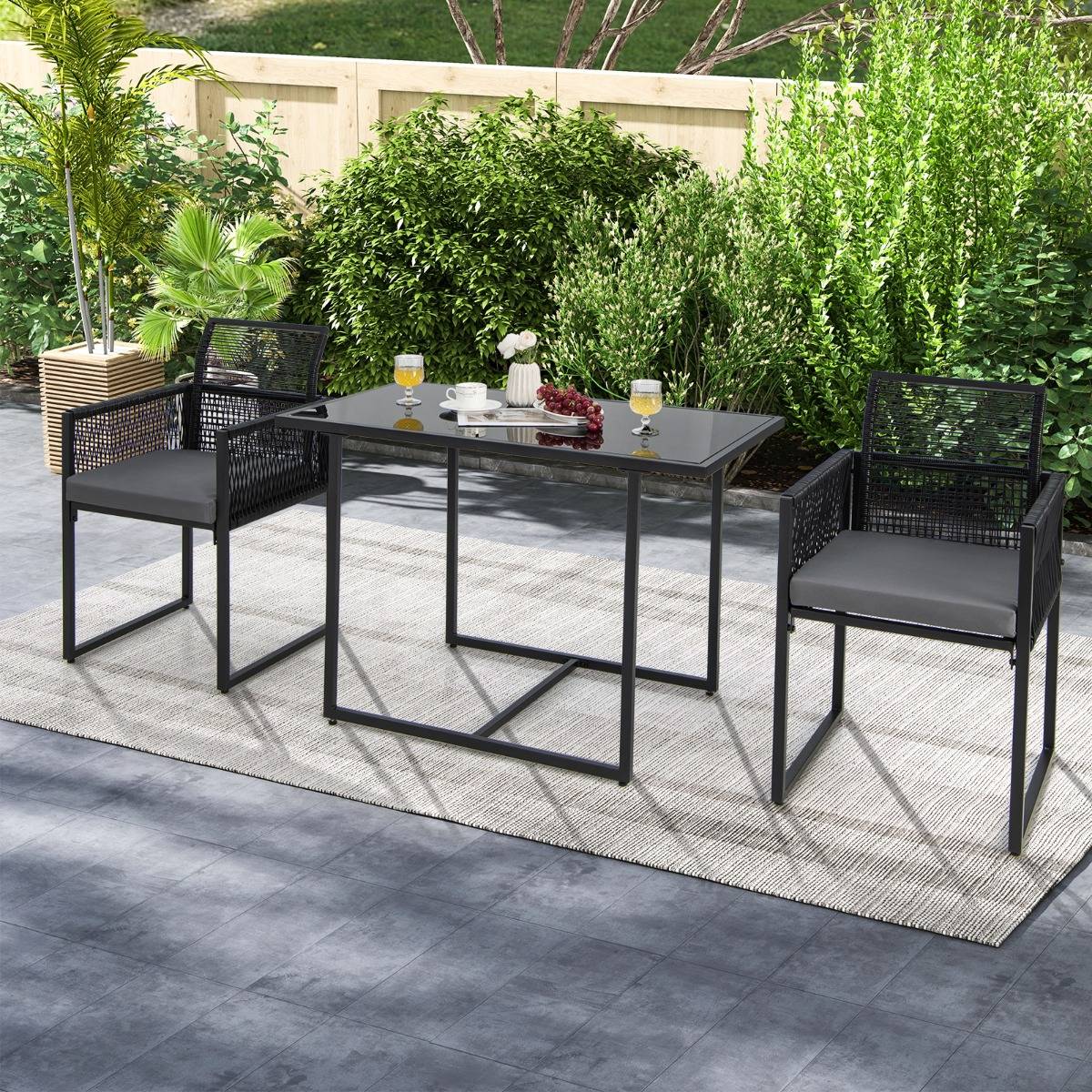 Salon de Jardin 3PCS Rotin PE Anti Soleil Dossier AMOVIBLE Pateau en Verre Trempé Cadre en Métal Style Urbain Gris - Image 3