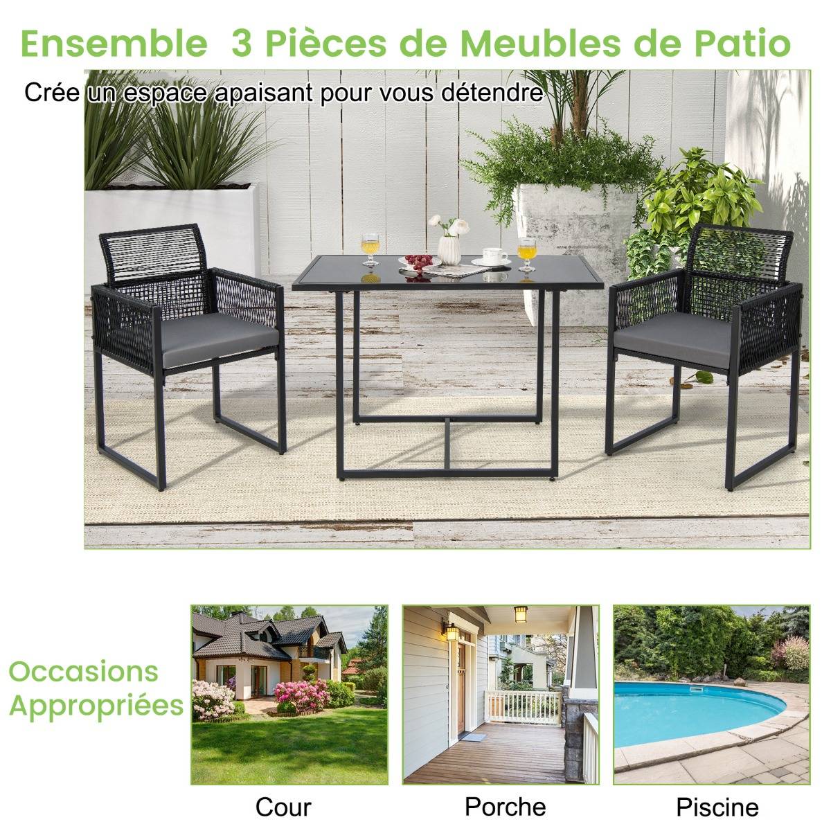 Salon de Jardin 3PCS Rotin PE Anti Soleil Dossier AMOVIBLE Pateau en Verre Trempé Cadre en Métal Style Urbain Gris - Image 8