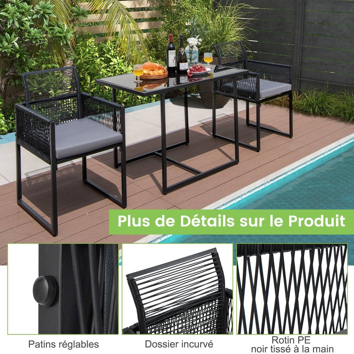 Salon de Jardin 3PCS Rotin PE Anti Soleil Dossier AMOVIBLE Pateau en Verre Trempé Cadre en Métal Style Urbain Gris - Image 4