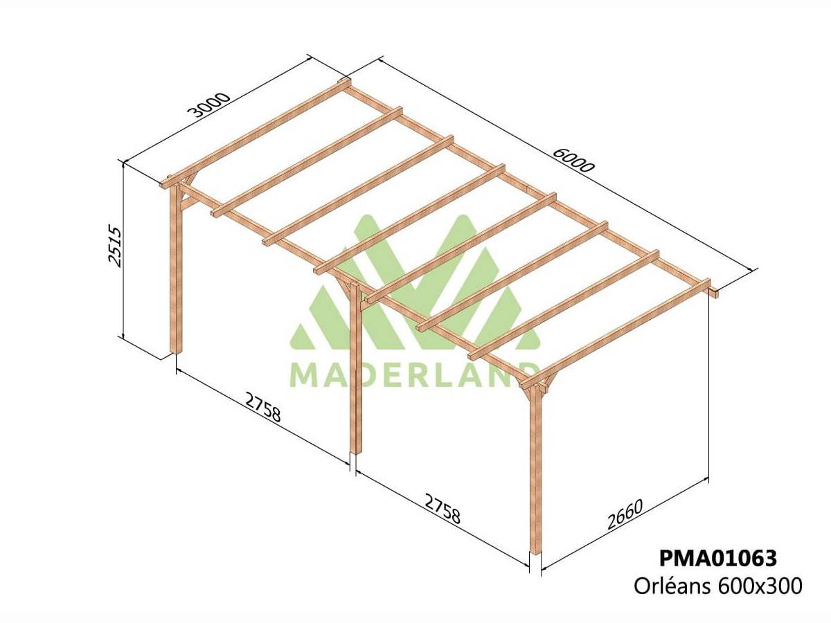 Pergola adossée en bois massif Orléans 600 x 300 cm + 3 supports surélevés - Maderland - Image 2