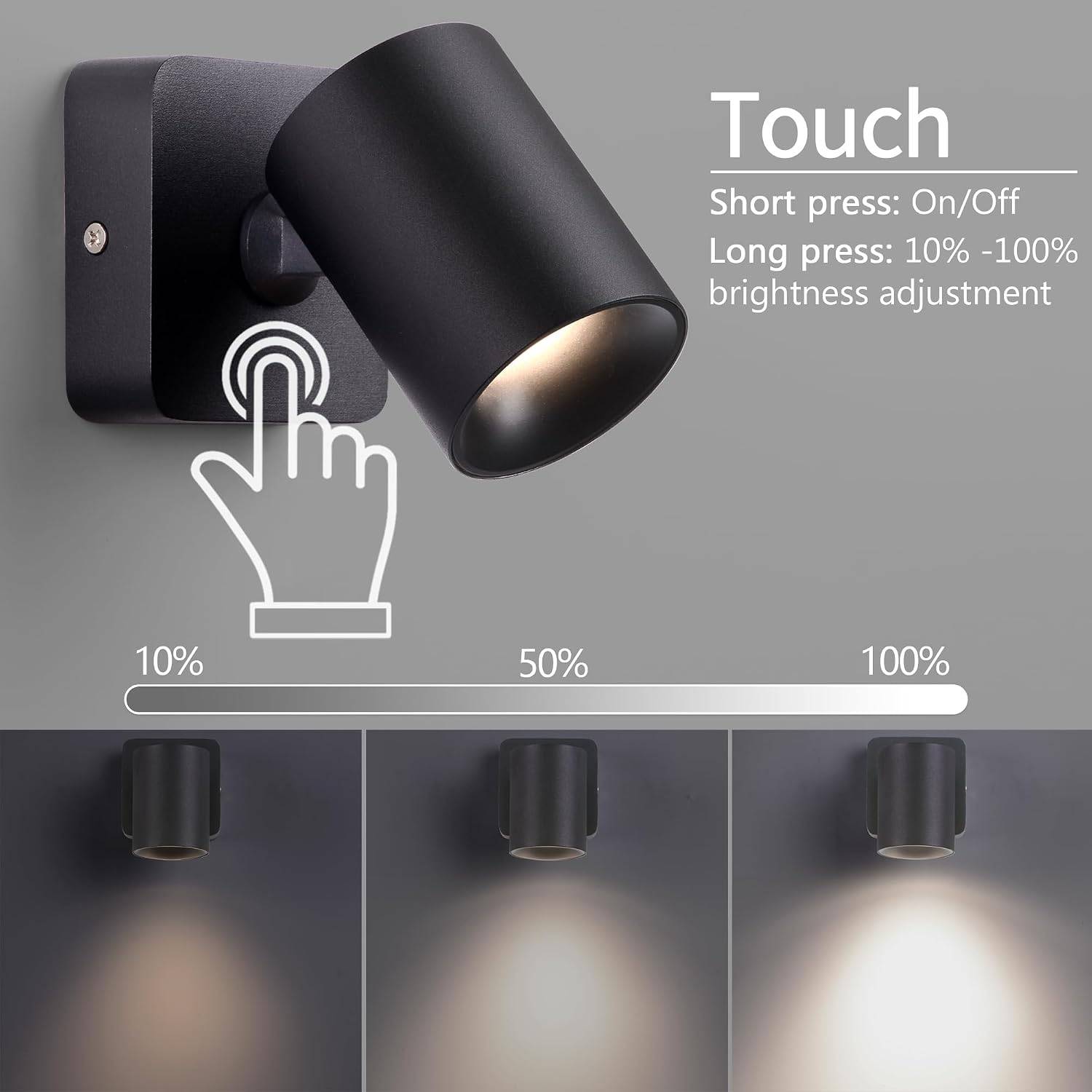 8 in 1 - Applique Murale Intérieur LED 5W Tactile Dimmable Rotatif 350° 3000K Blanc Chaud pour Salon Chambre Escalier Couloir Bureau Noir - Image 2