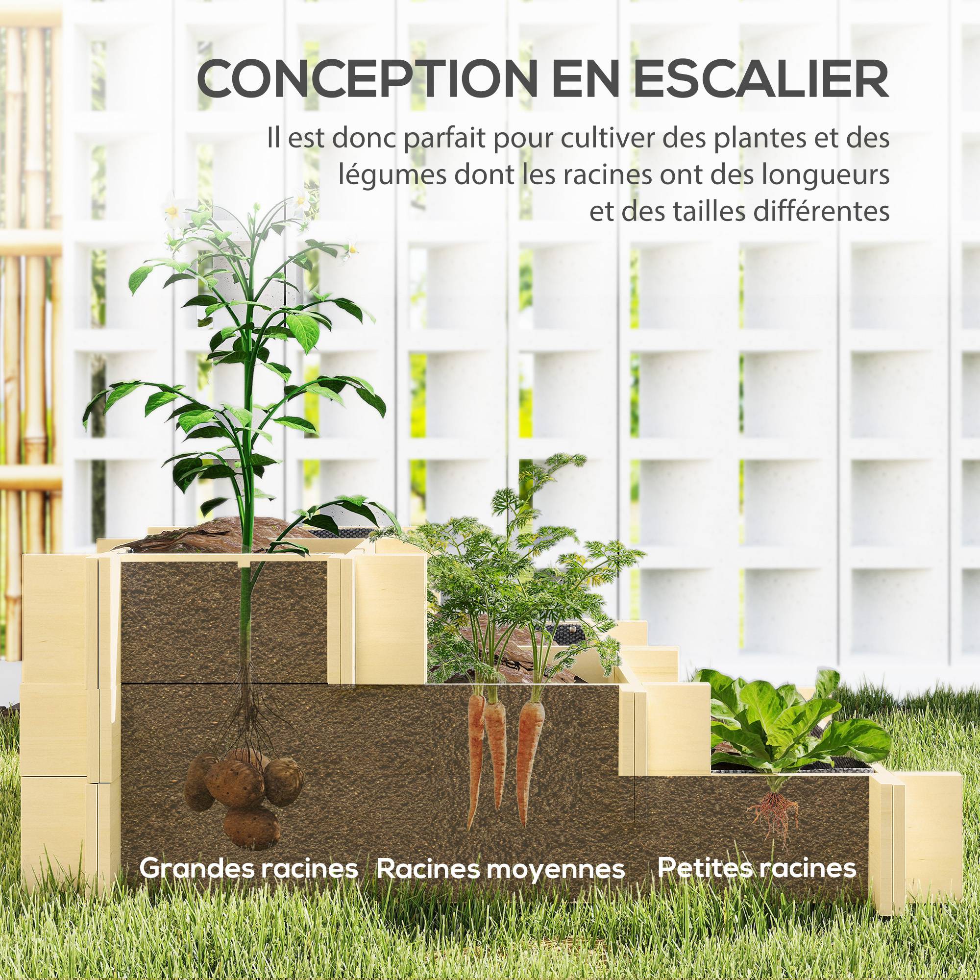 Sans Marque - Carré Potager de jardin en Bois massif, Jardinière Surélevé en Escalier 3 Niveaux, 93 x 93 x 35 cm, effet Bois Naturel - Image 7