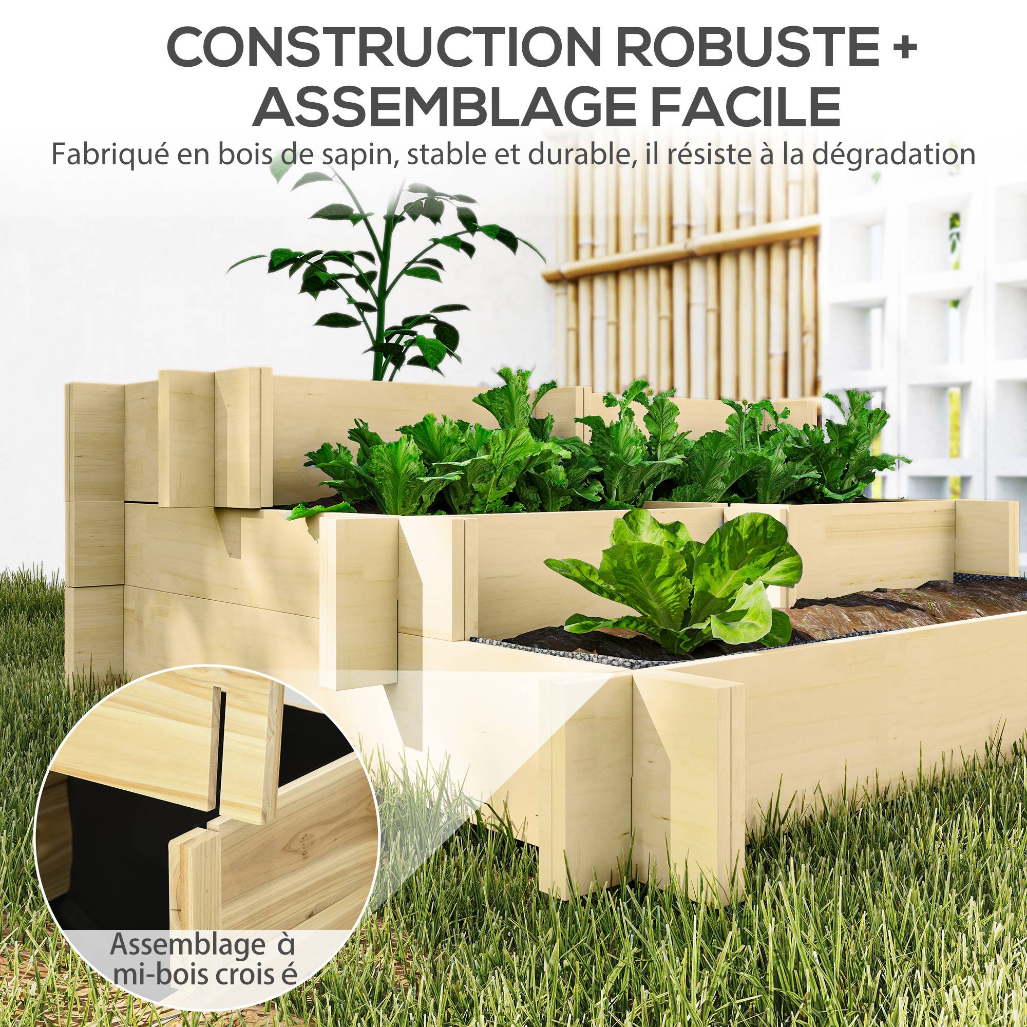 Sans Marque - Carré Potager de jardin en Bois massif, Jardinière Surélevé en Escalier 3 Niveaux, 93 x 93 x 35 cm, effet Bois Naturel - Image 8