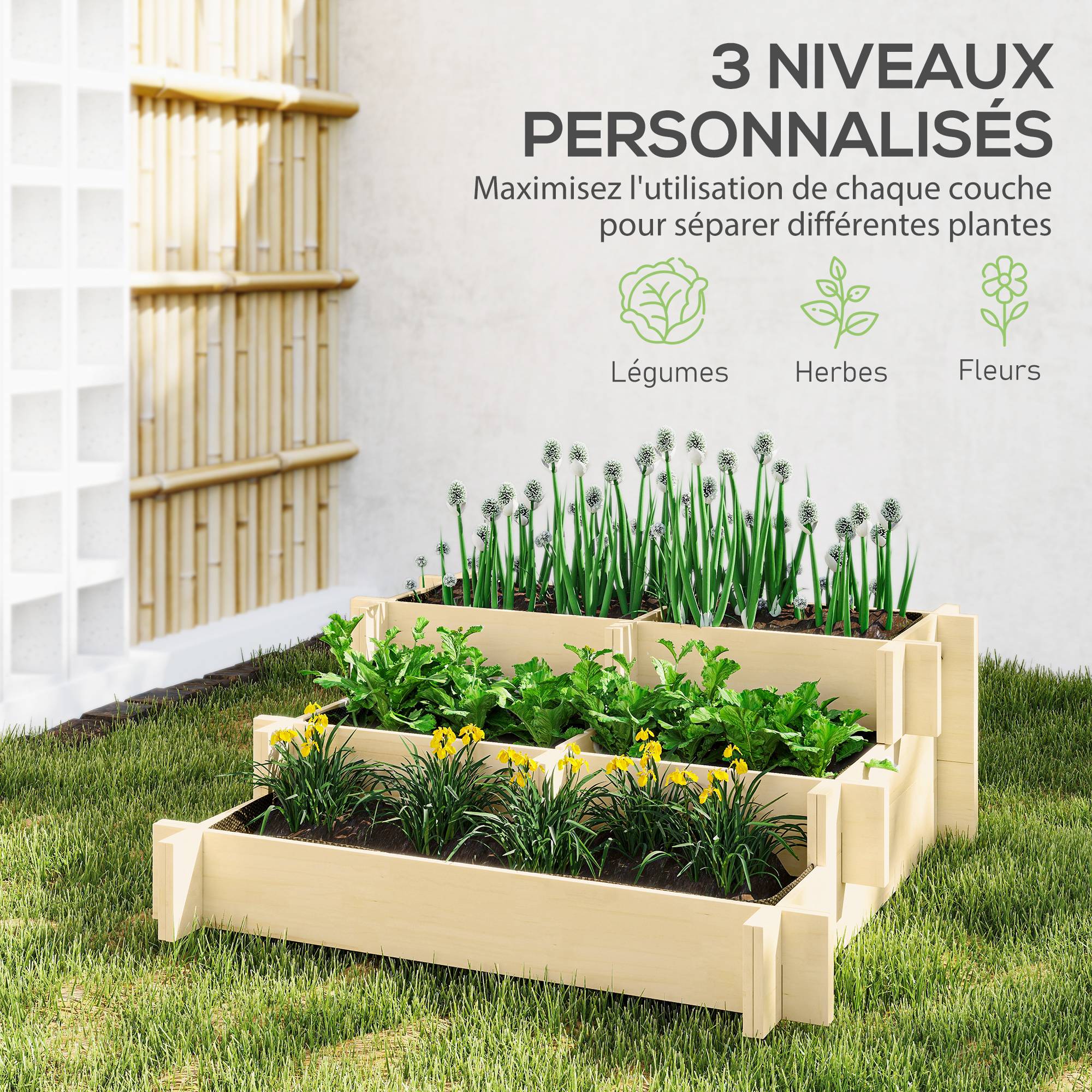 Sans Marque - Carré Potager de jardin en Bois massif, Jardinière Surélevé en Escalier 3 Niveaux, 93 x 93 x 35 cm, effet Bois Naturel - Image 6