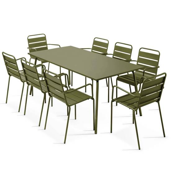 Oviala - Ensemble table de jardin et 8 fauteuils en métal vert Kaki Palavas - Oviala - Image 1