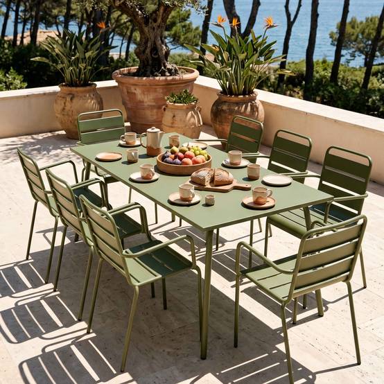 Oviala - Ensemble table de jardin et 8 fauteuils en métal vert Kaki Palavas - Oviala - Image 2
