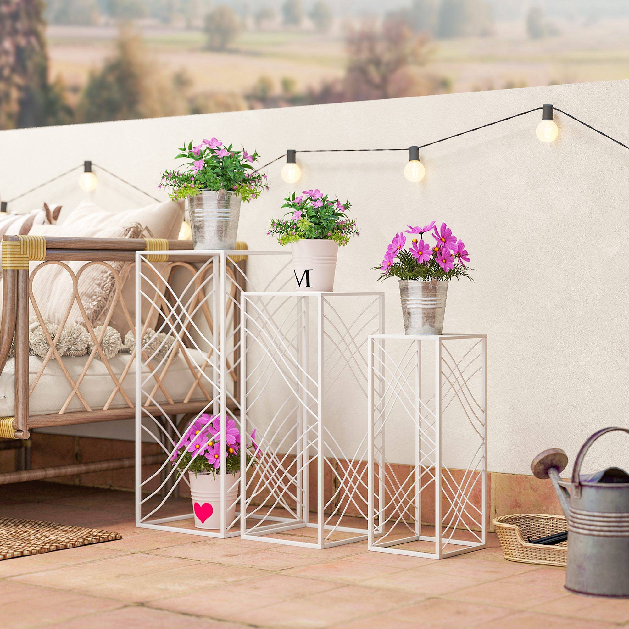 Ensemble de 3 supports à plantes empilables métal blanc hauteurs 50/60/70 cm intérieur extérieur jardin - Image 4