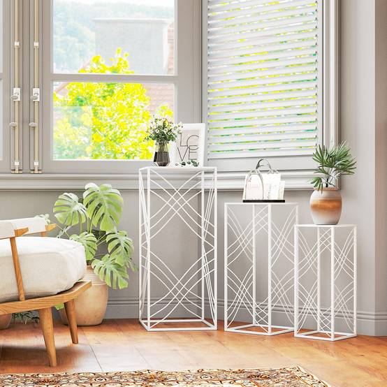 Ensemble de 3 supports à plantes empilables métal blanc hauteurs 50/60/70 cm intérieur extérieur jardin - Image 10