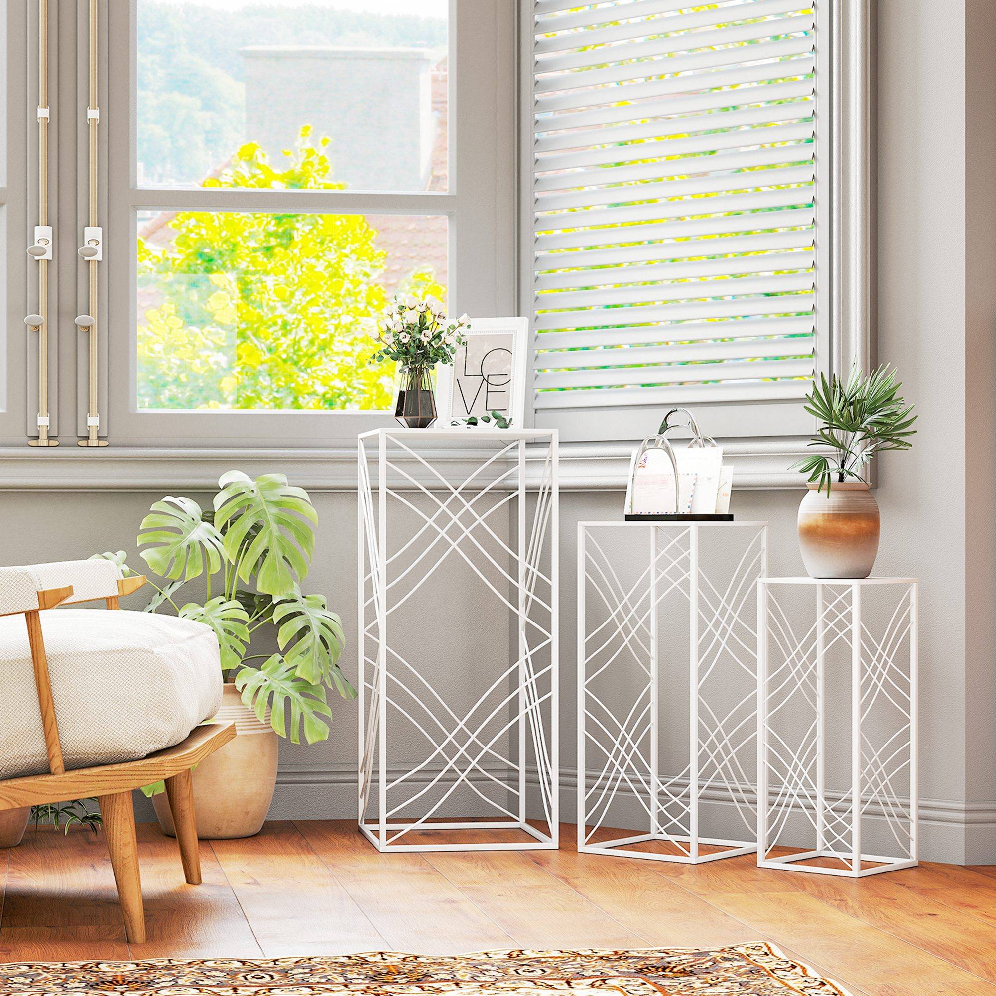 Ensemble de 3 supports à plantes empilables métal blanc hauteurs 50/60/70 cm intérieur extérieur jardin - Image 10