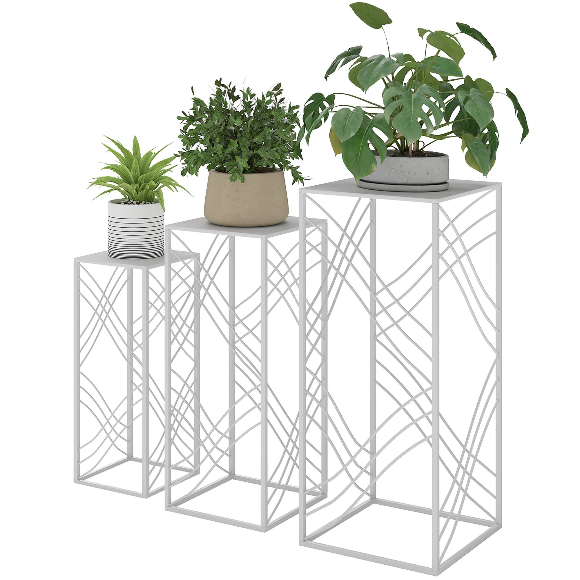 Ensemble de 3 supports à plantes empilables métal blanc hauteurs 50/60/70 cm intérieur extérieur jardin - Image 2