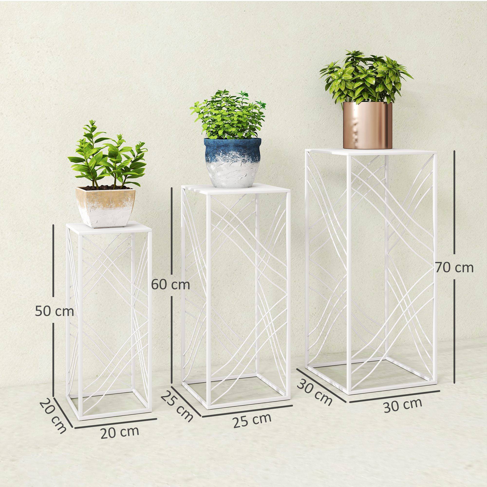 Ensemble de 3 supports à plantes empilables métal blanc hauteurs 50/60/70 cm intérieur extérieur jardin - Image 5