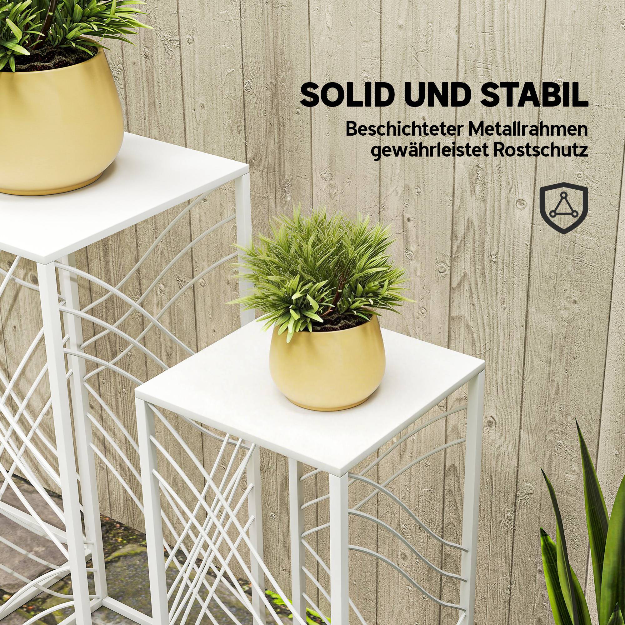 Ensemble de 3 supports à plantes empilables métal blanc hauteurs 50/60/70 cm intérieur extérieur jardin - Image 8