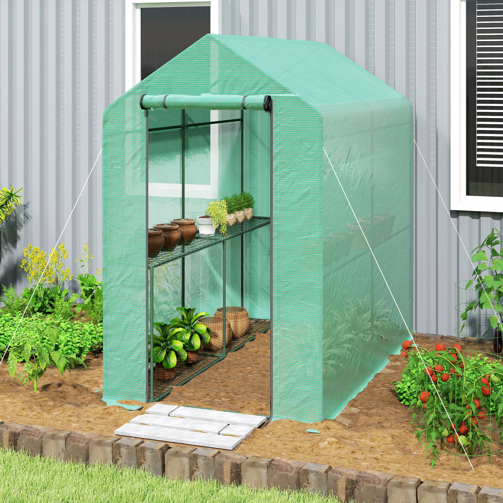 Serre balcon 2 niveaux 186x120x190 cm PE 140 g/m² acier verte, plantes légumes semis culture - Image 3