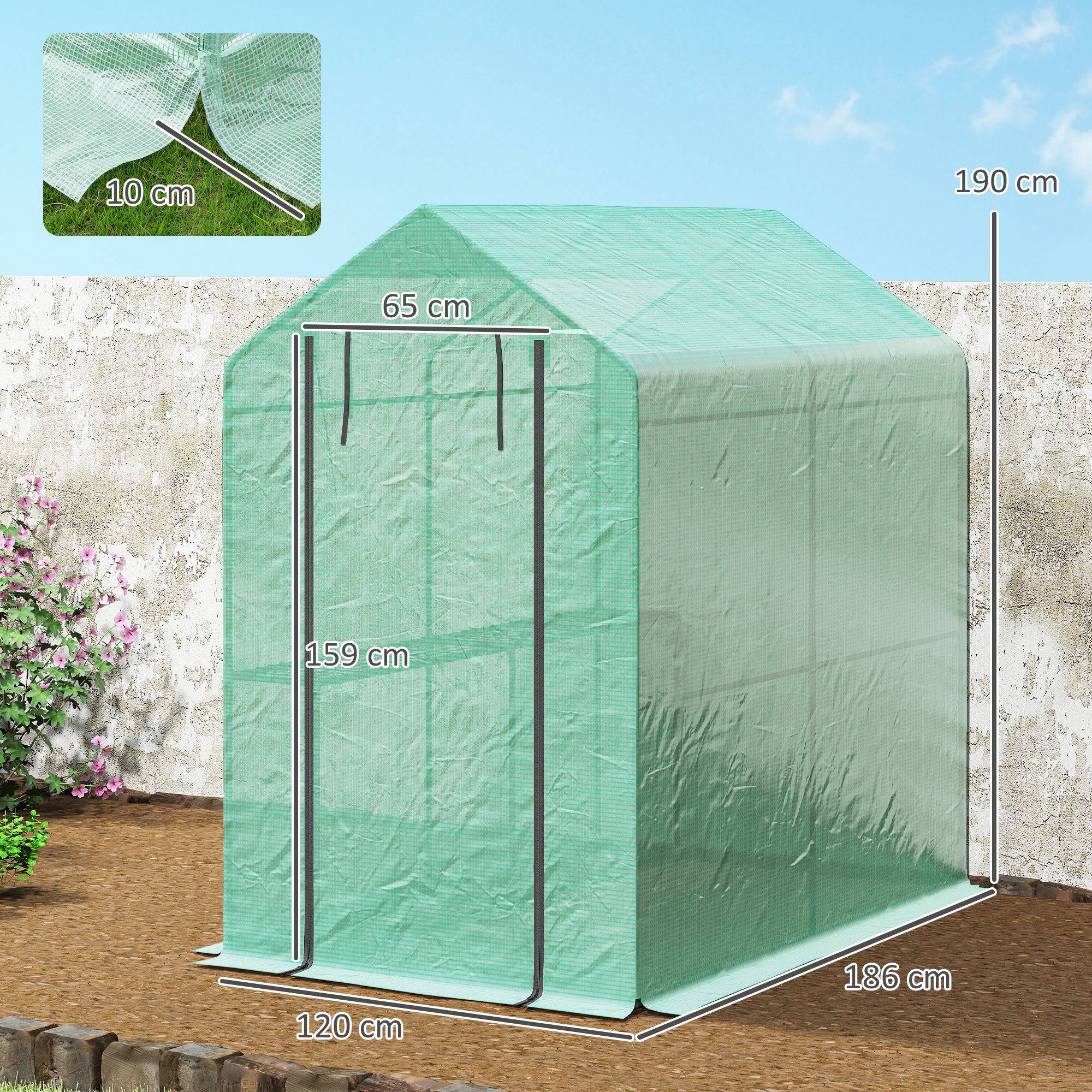 Serre balcon 2 niveaux 186x120x190 cm PE 140 g/m² acier verte, plantes légumes semis culture - Image 5