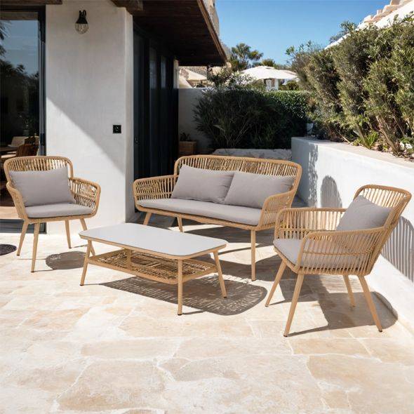 Salon de jardin GRANADA en acier et résine tressée tissu gris clair Beau Rivage - Image 2