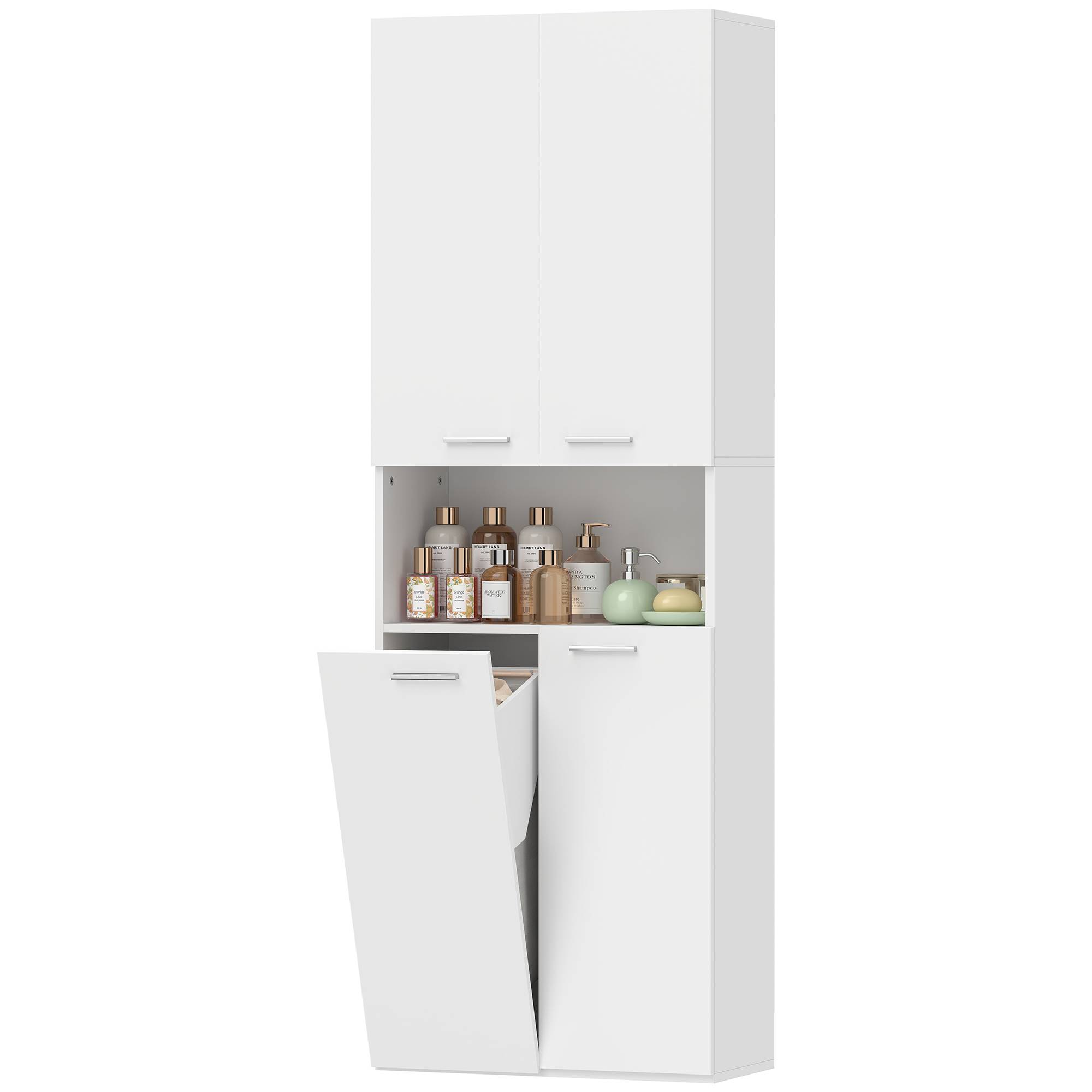 Meuble salle de bain avec 2 portes, panier linge rabattable et étagère ouverte, rangement 60x30x174 cm blanc moderne - Image 2