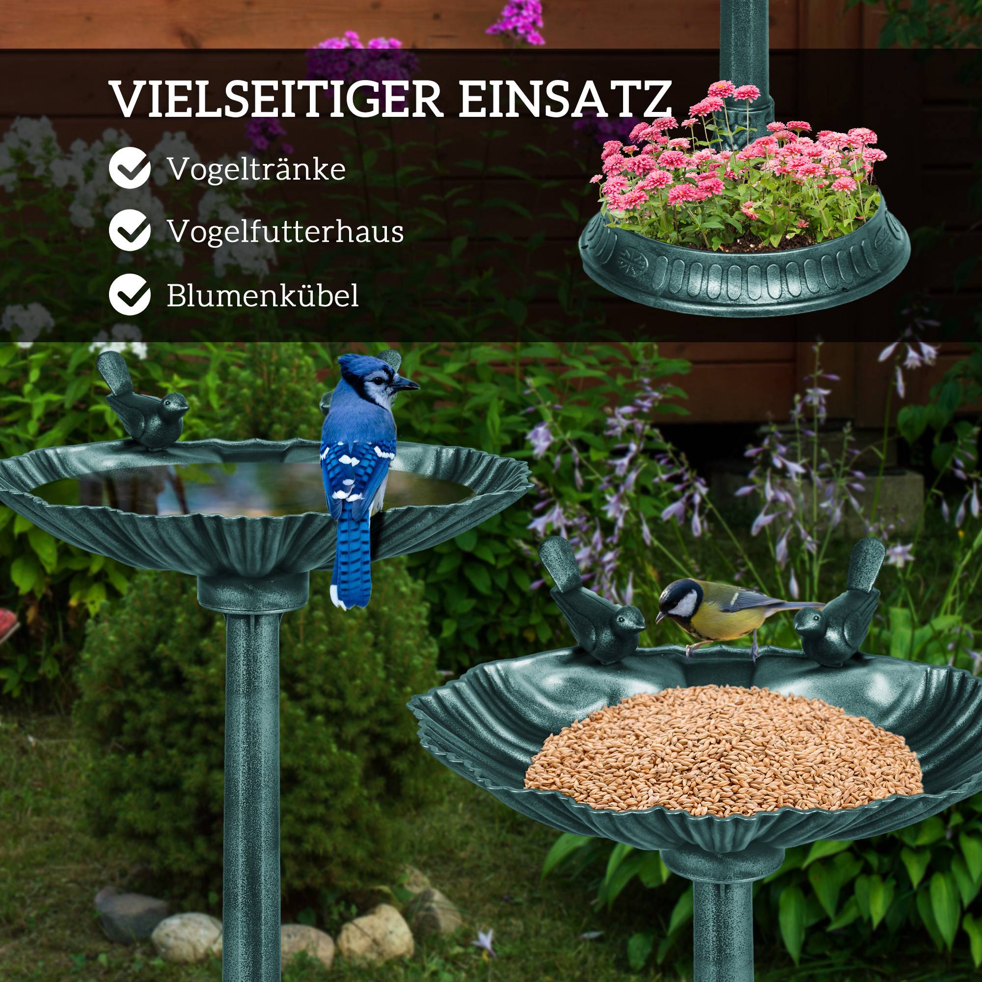 Abreuvoir oiseaux sur pied plastique jardin extérieur résistant gel 81cm vert foncé - ComfortXL Outdoor Living - Image 4