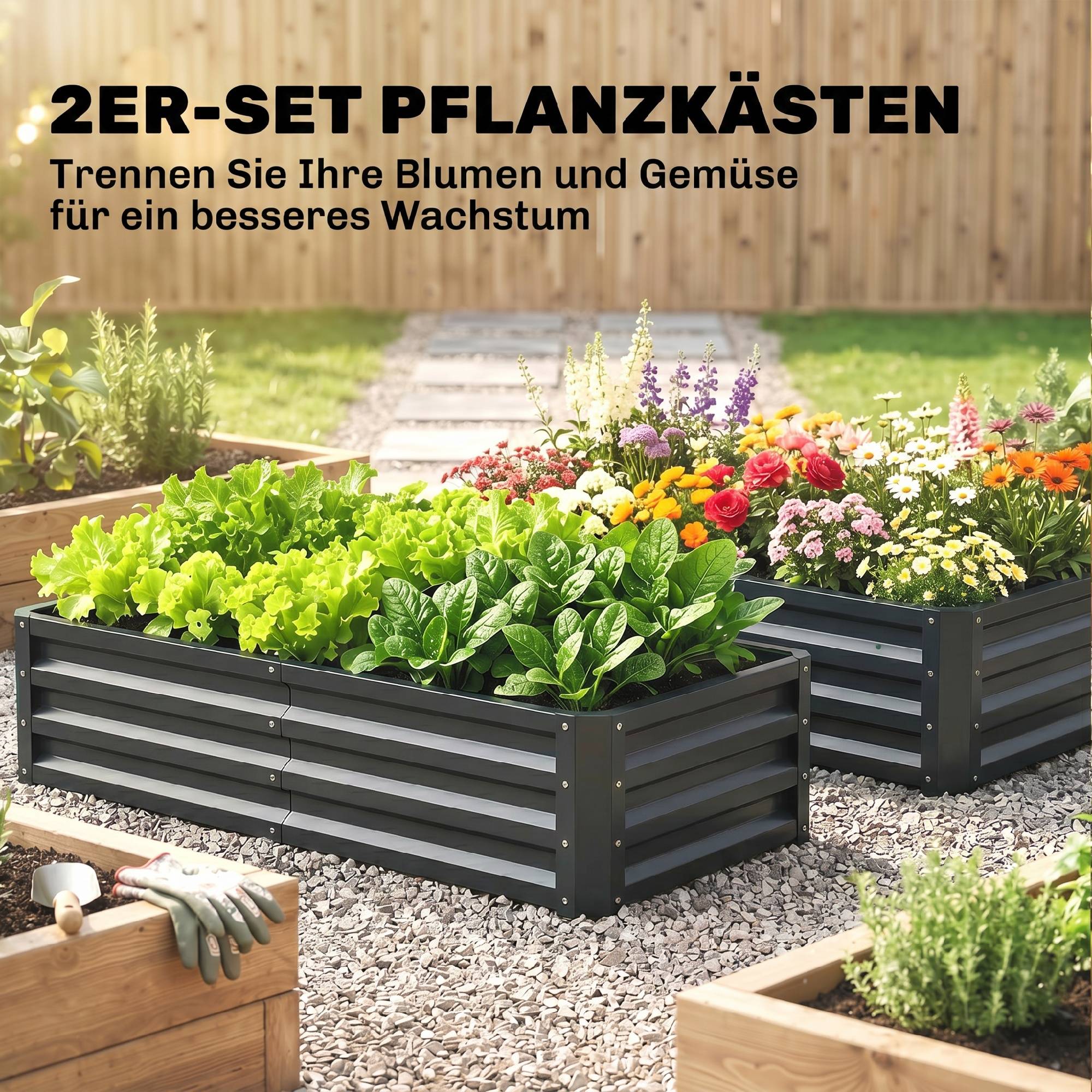 Lot de 2 carrés potagers de jardin rectangulaire tôle d'acier ondulée 120 x 60 x 30,5 cm gris - Image 6