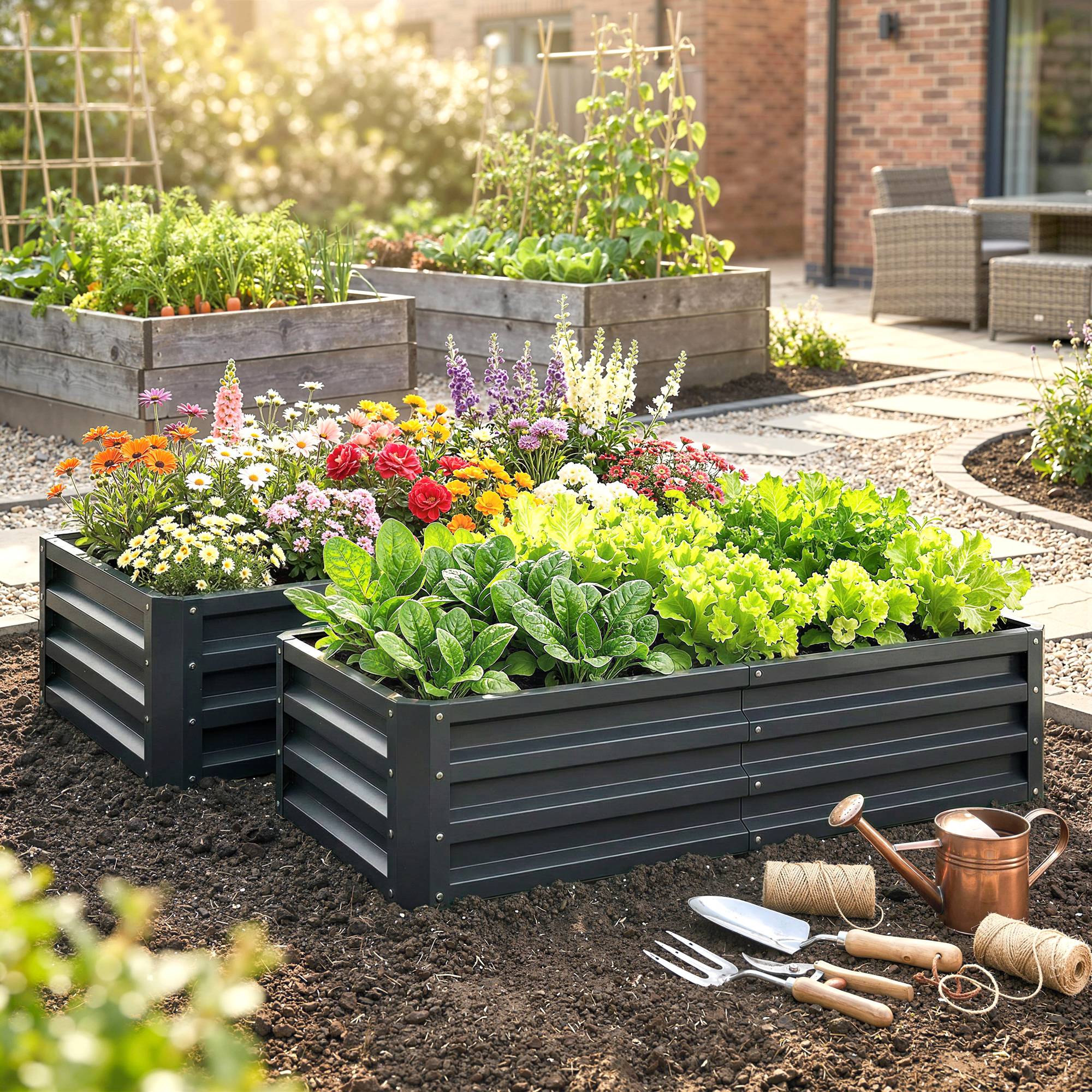 Lot de 2 carrés potagers de jardin rectangulaire tôle d'acier ondulée 120 x 60 x 30,5 cm gris - Image 4