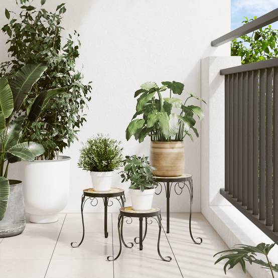 Lot de 3 Supports de Fleurs Gigognes en Fer et Céramique Mosaïque pour Balcon Terre Cuite et Blanc – ComfortXL Outdoor Living - Image 3