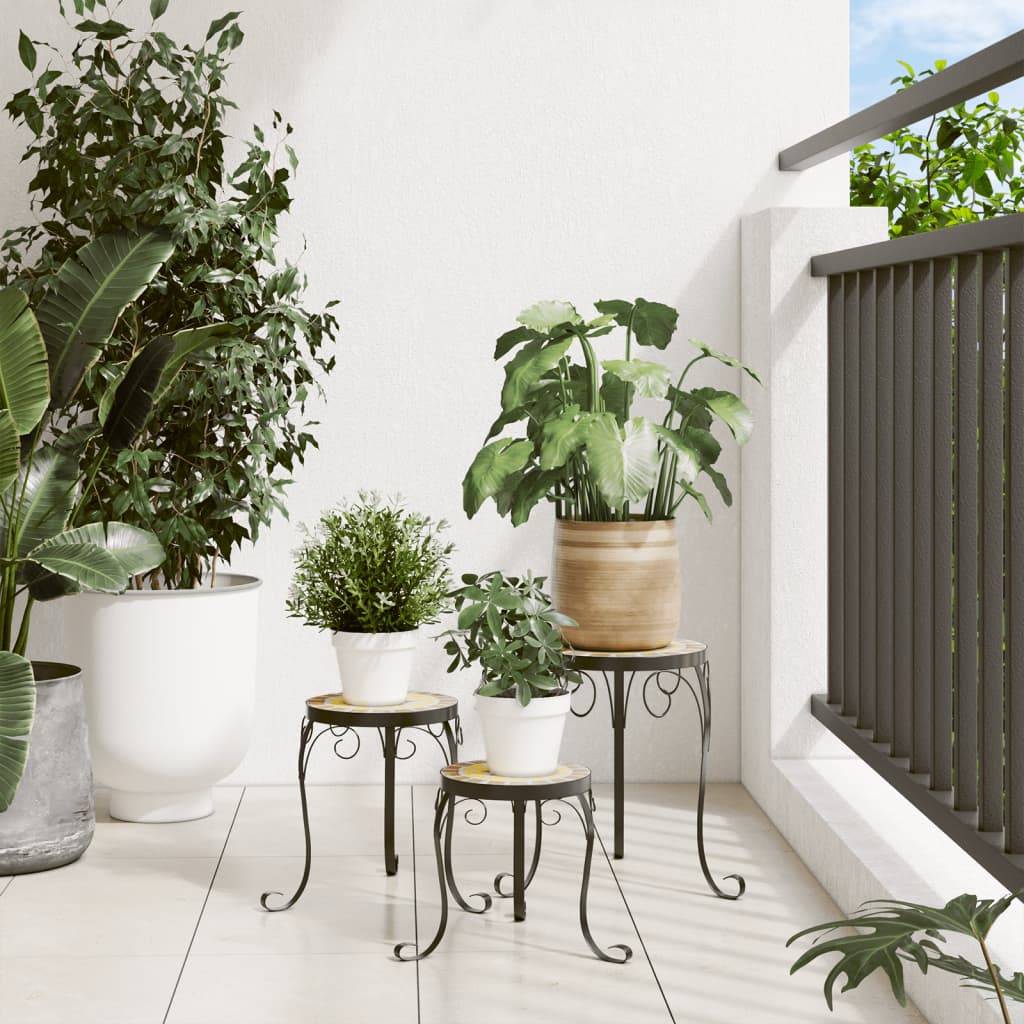 Lot de 3 Supports de Fleurs Gigognes en Fer et Céramique Mosaïque pour Balcon Terre Cuite et Blanc – ComfortXL Outdoor Living - Image 3